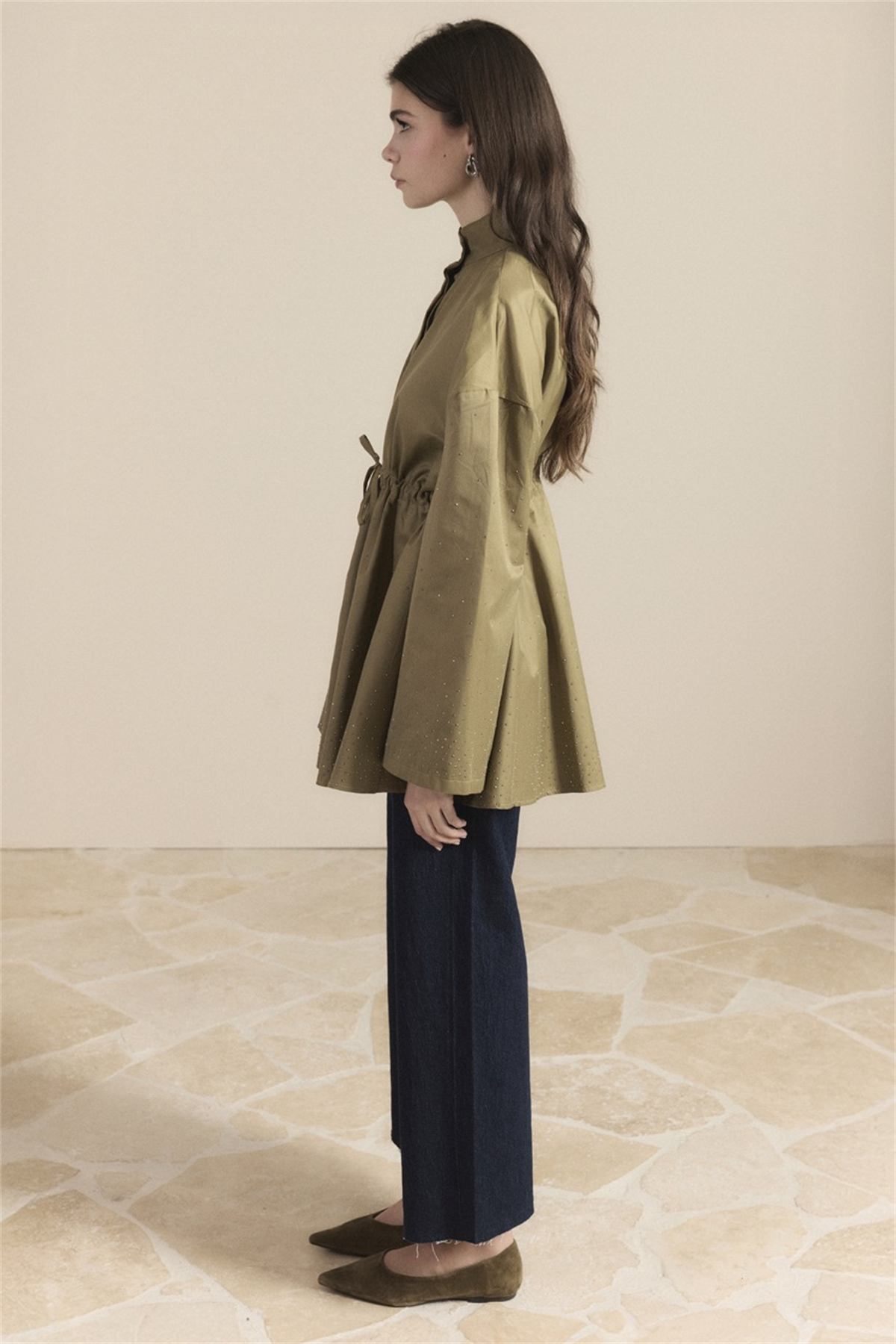 Taş Detay Bel Tünelli Trenç - Haki