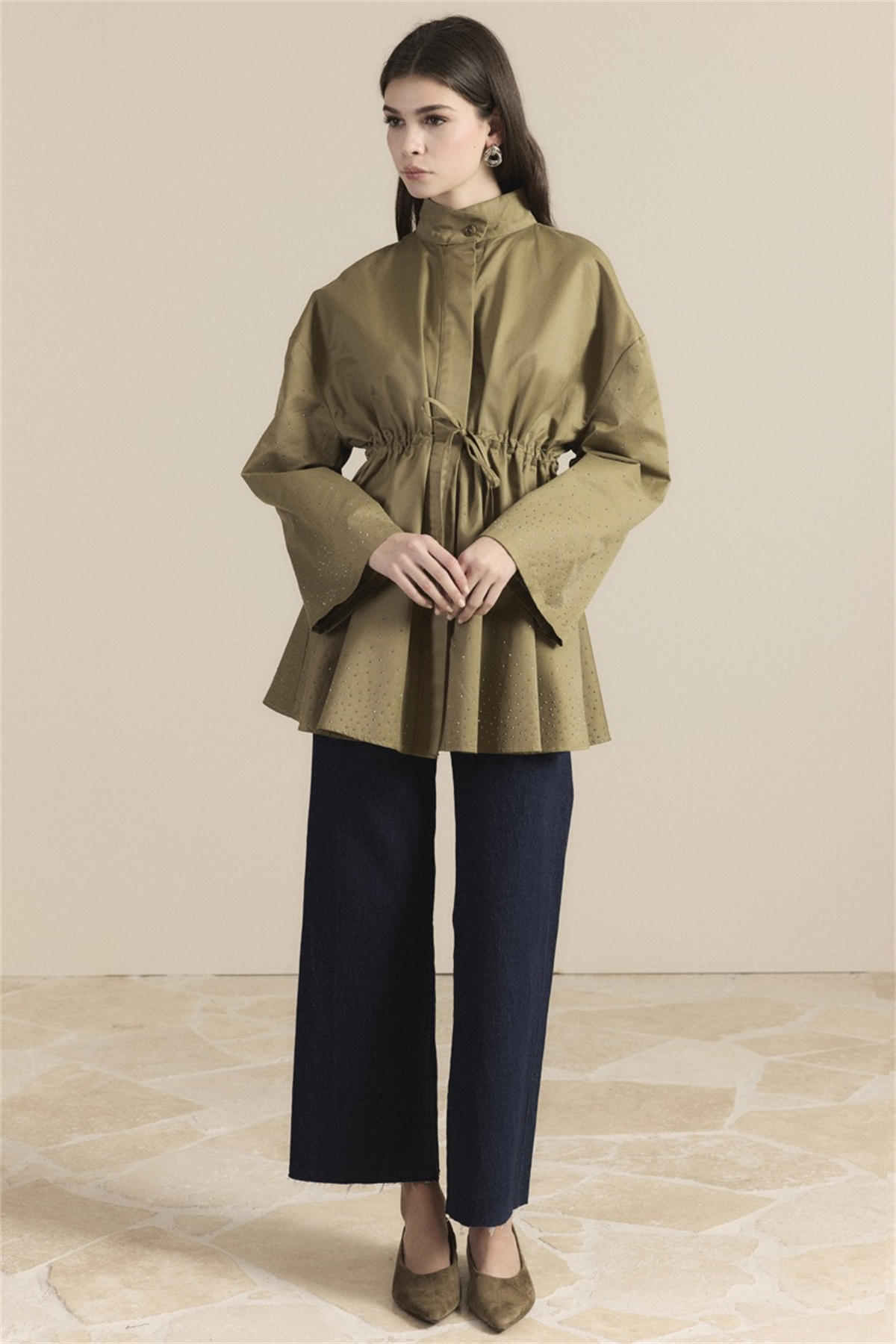 Taş Detay Bel Tünelli Trenç - Haki