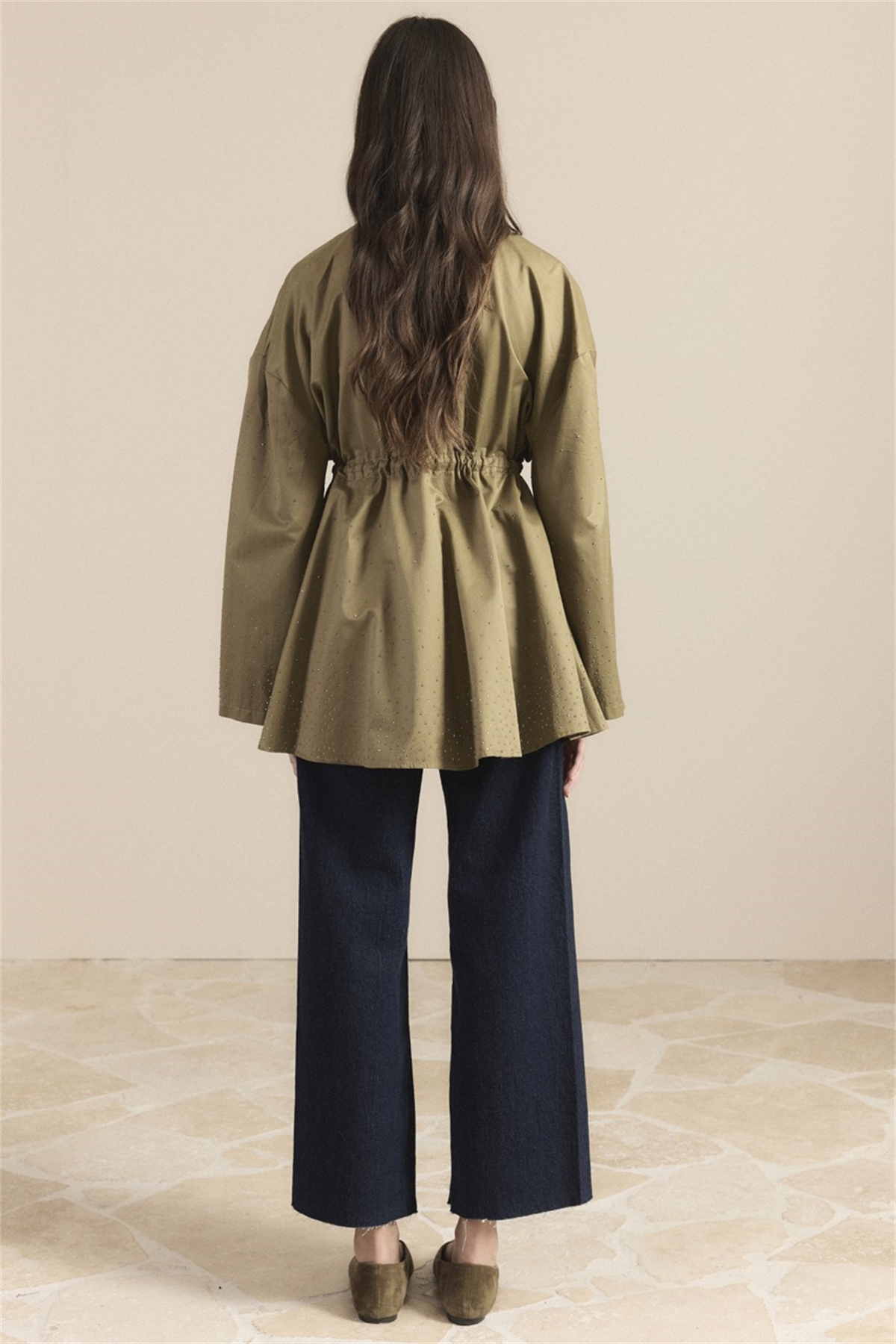 Taş Detay Bel Tünelli Trenç - Haki