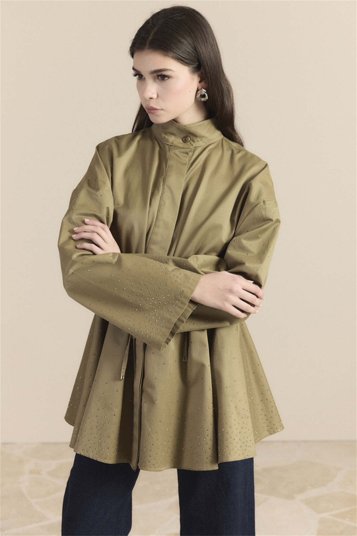 Taş Detay Bel Tünelli Trenç - Haki