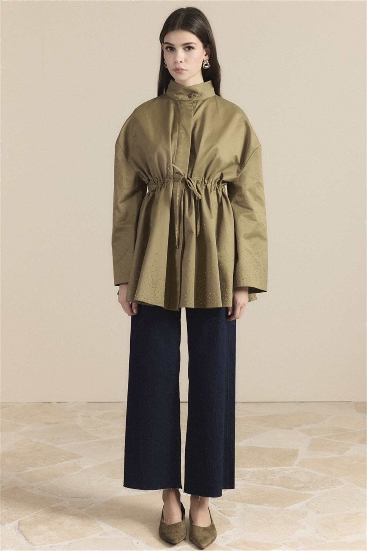 Taş Detay Bel Tünelli Trenç - Haki