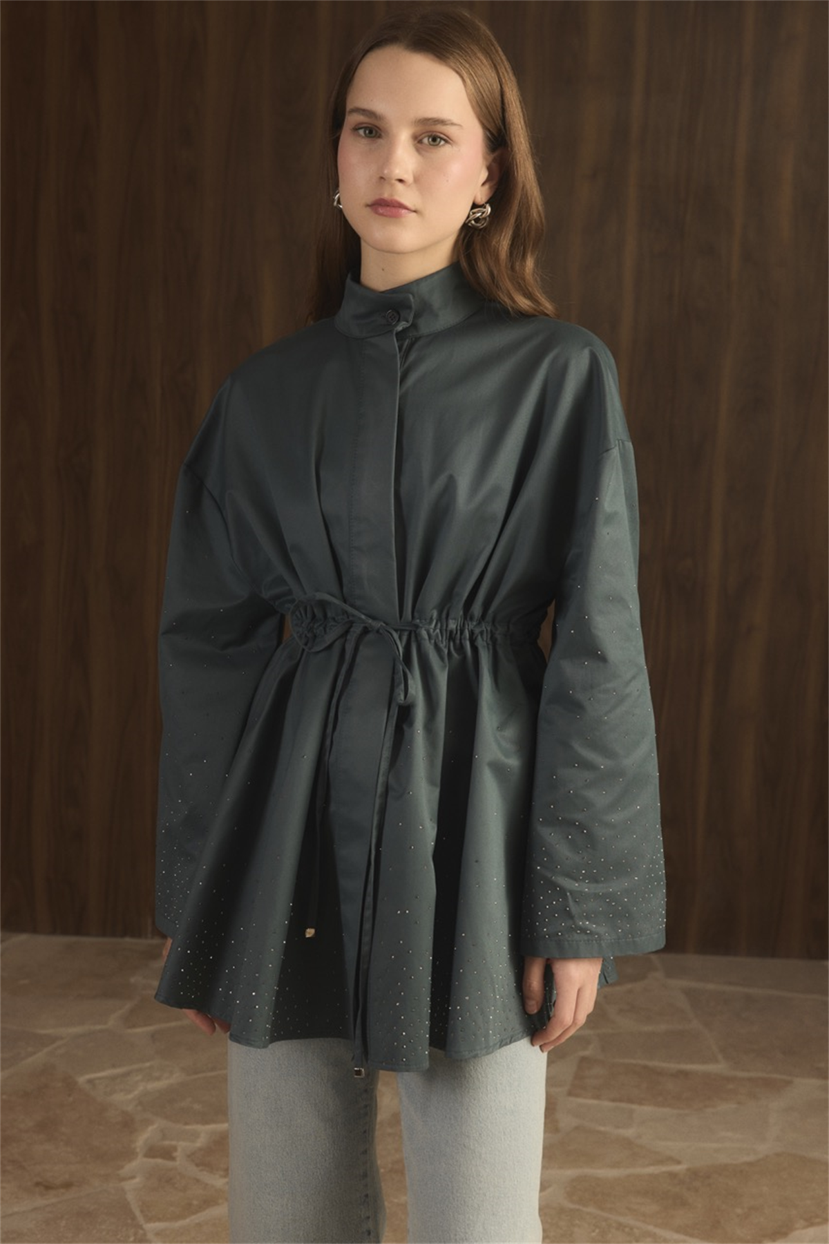 Taş Detay Bel Tünelli Trenç - Petrol