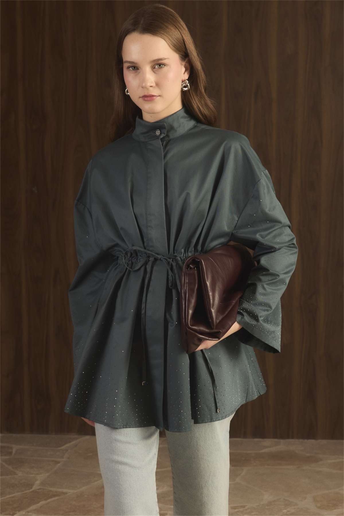 Taş Detay Bel Tünelli Trenç - Petrol