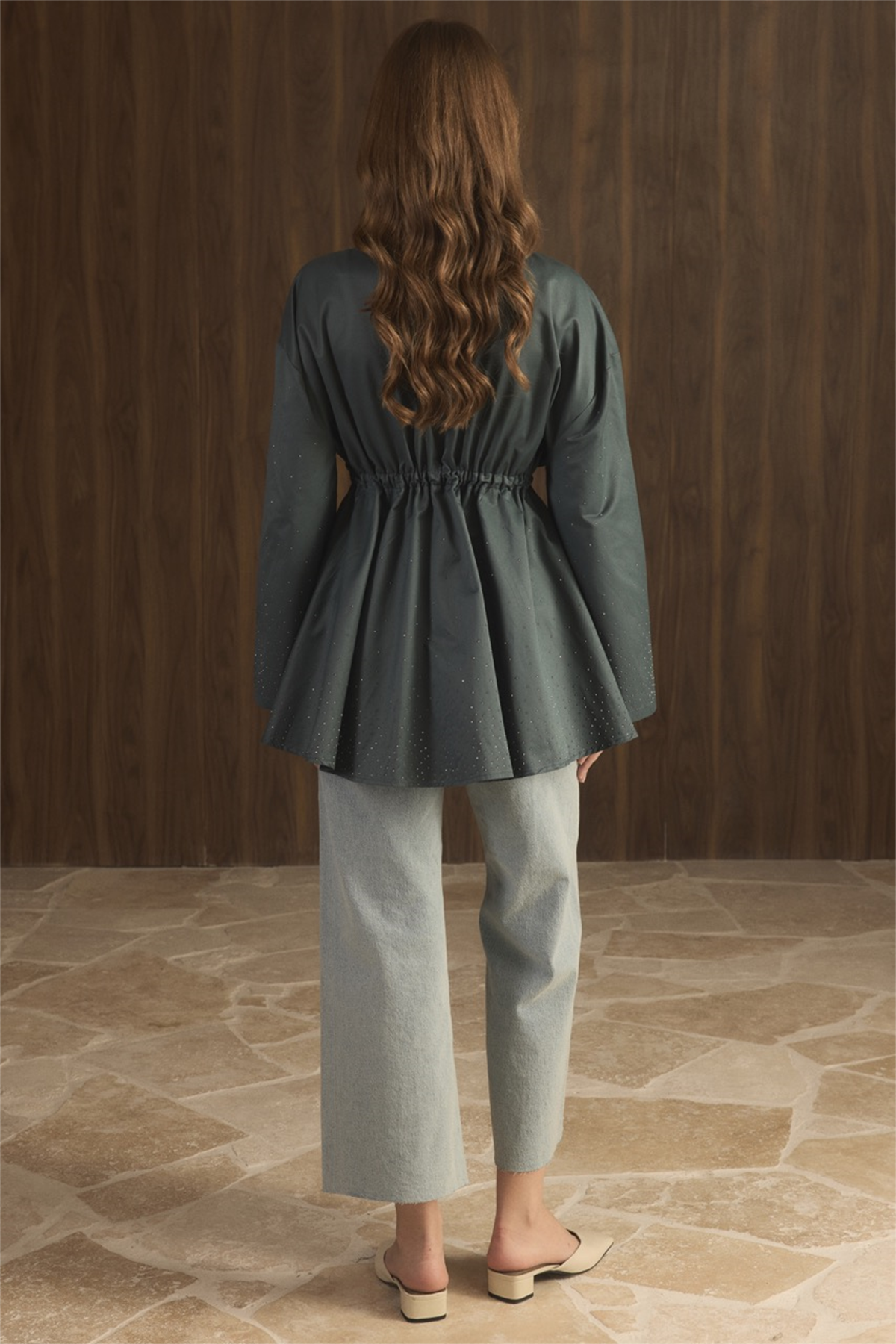 Taş Detay Bel Tünelli Trenç - Petrol