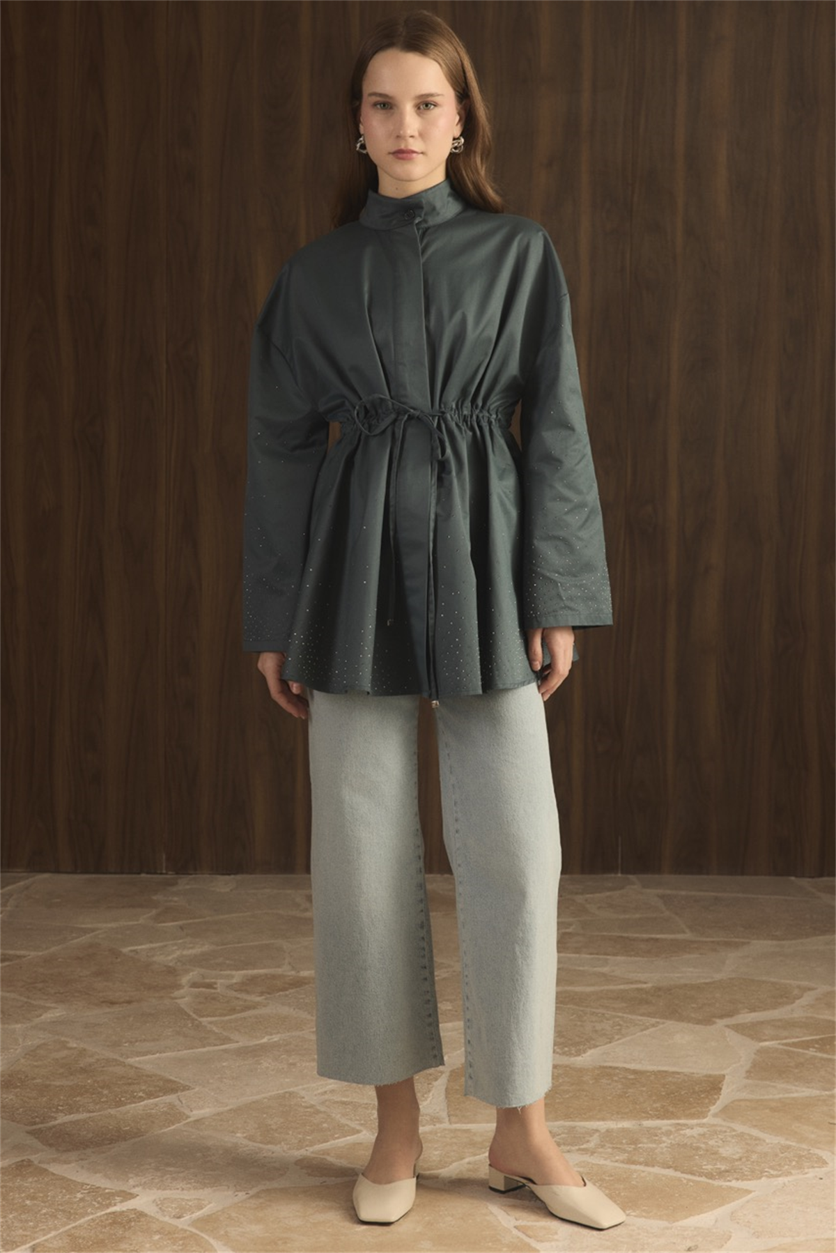 Taş Detay Bel Tünelli Trenç - Petrol