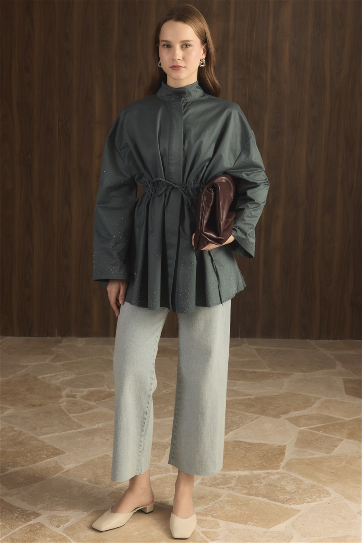 Taş Detay Bel Tünelli Trenç - Petrol