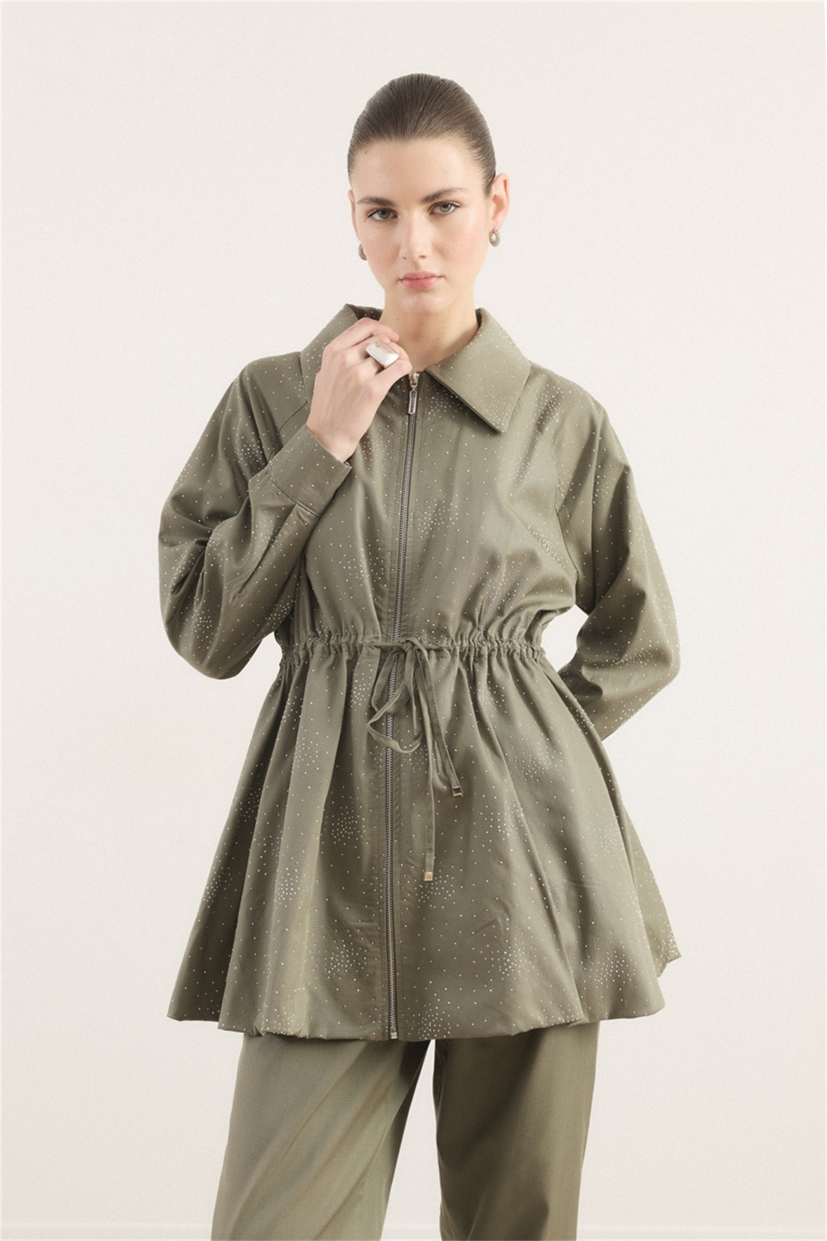 Taş Detaylı Bel Tünelli Takım - Haki