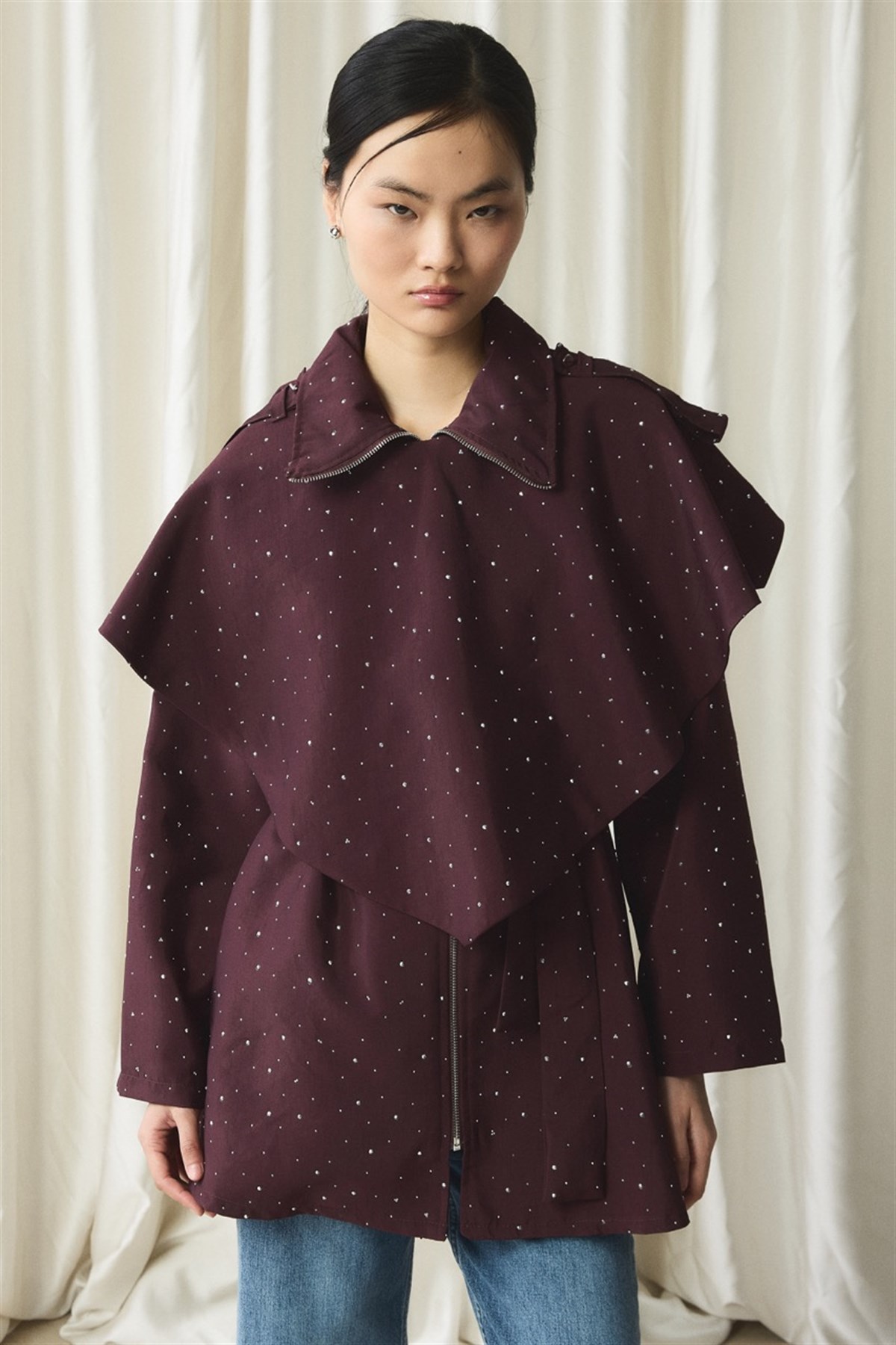 Taş Detaylı Pelerinli Ceket - Bordo