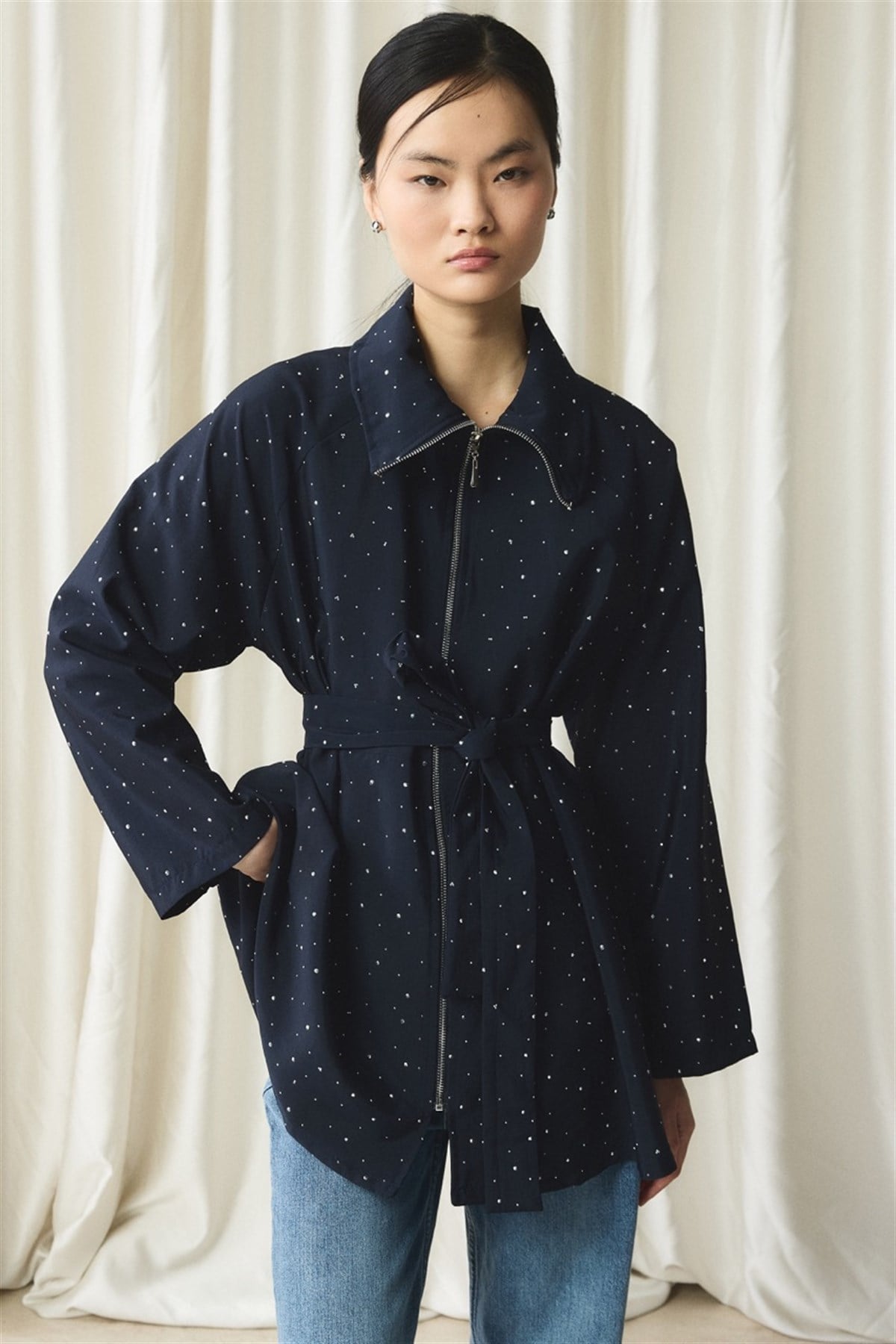 Taş Detaylı Pelerinli Ceket - Lacivert