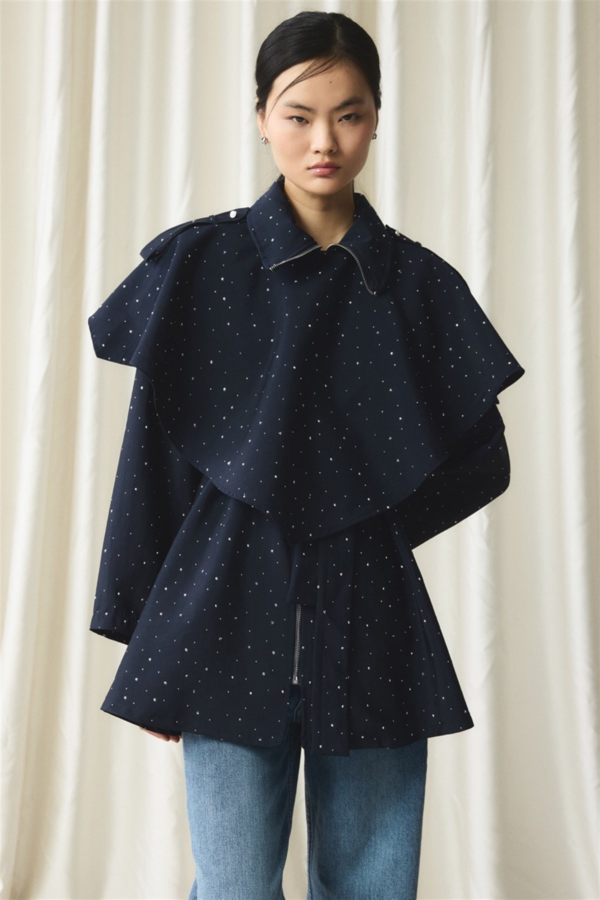 Taş Detaylı Pelerinli Ceket - Lacivert