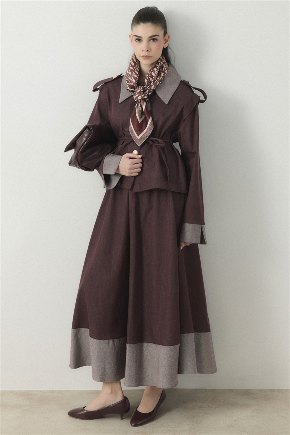 Ters Manşet Detaylı Kot Etek Takım - Bordo