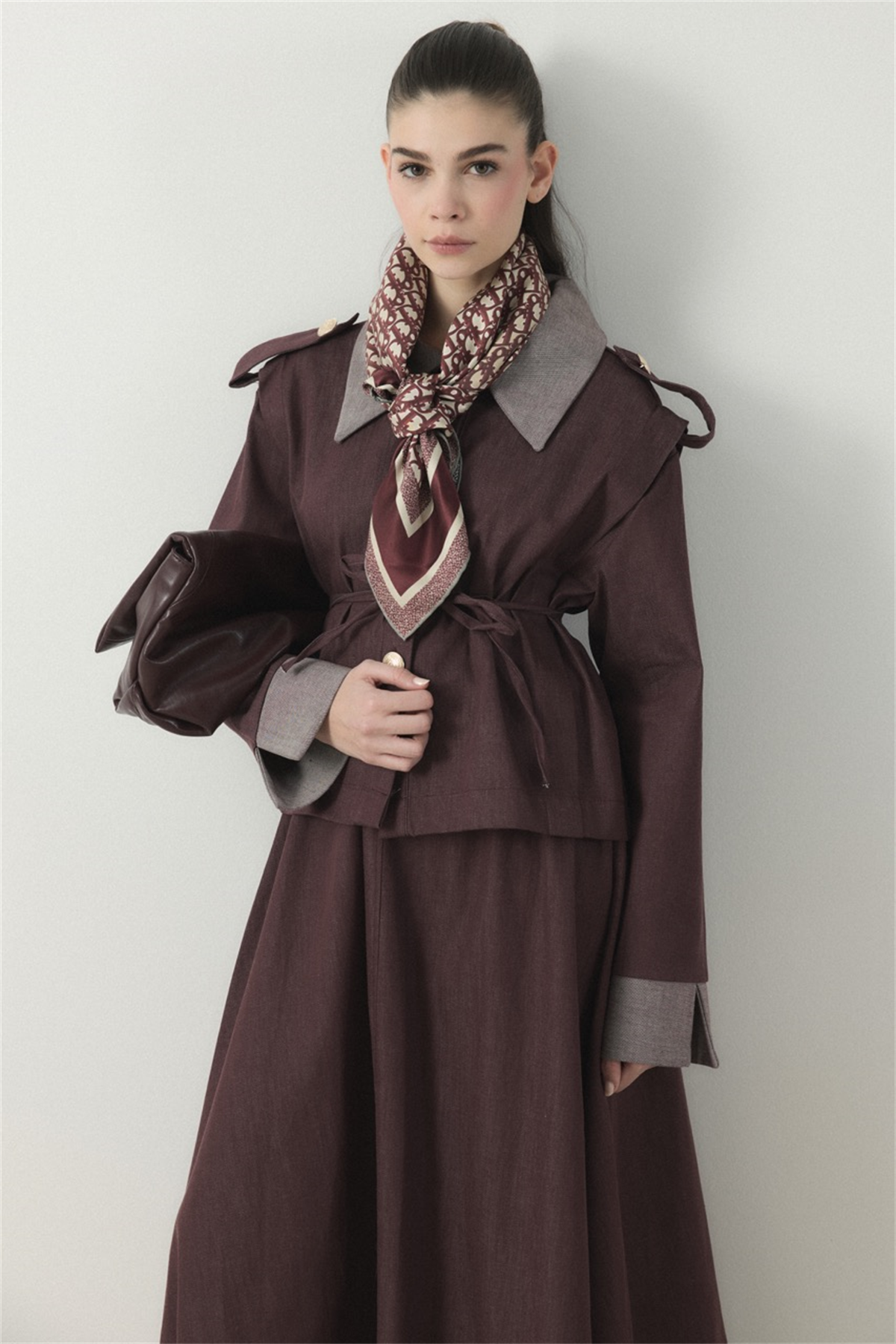 Ters Manşet Detaylı Kot Etek Takım - Bordo