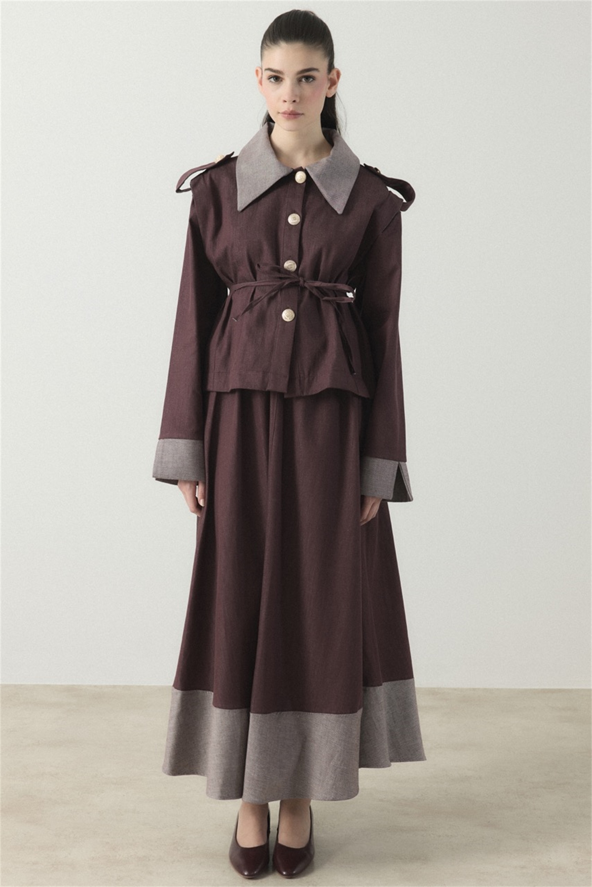 Ters Manşet Detaylı Kot Etek Takım - Bordo