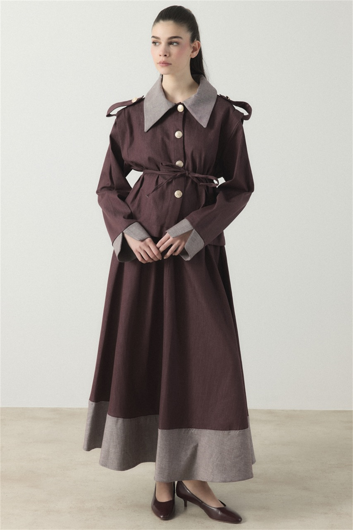 Ters Manşet Detaylı Kot Etek Takım - Bordo