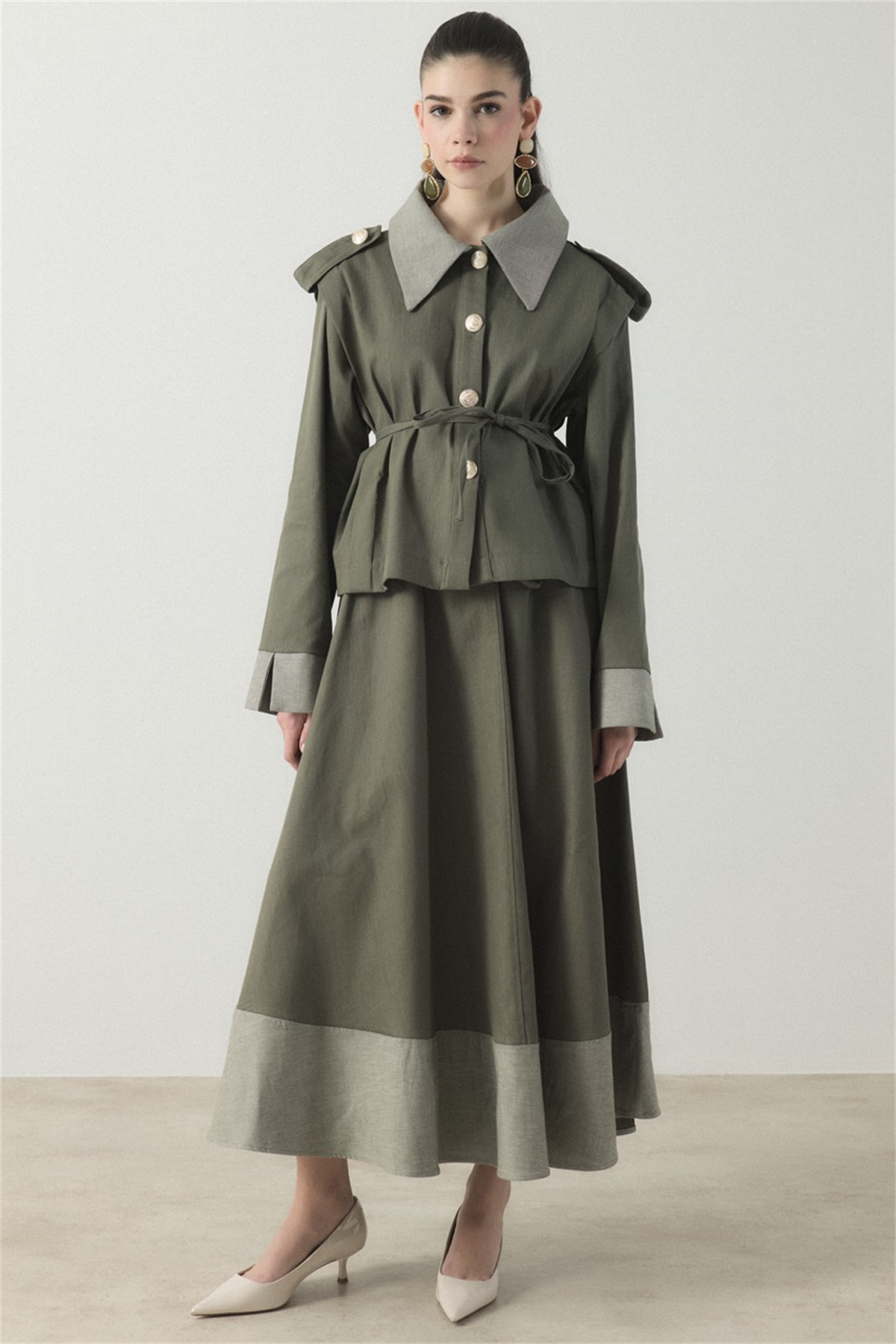 Ters Manşet Detaylı Kot Etek Takım - Haki