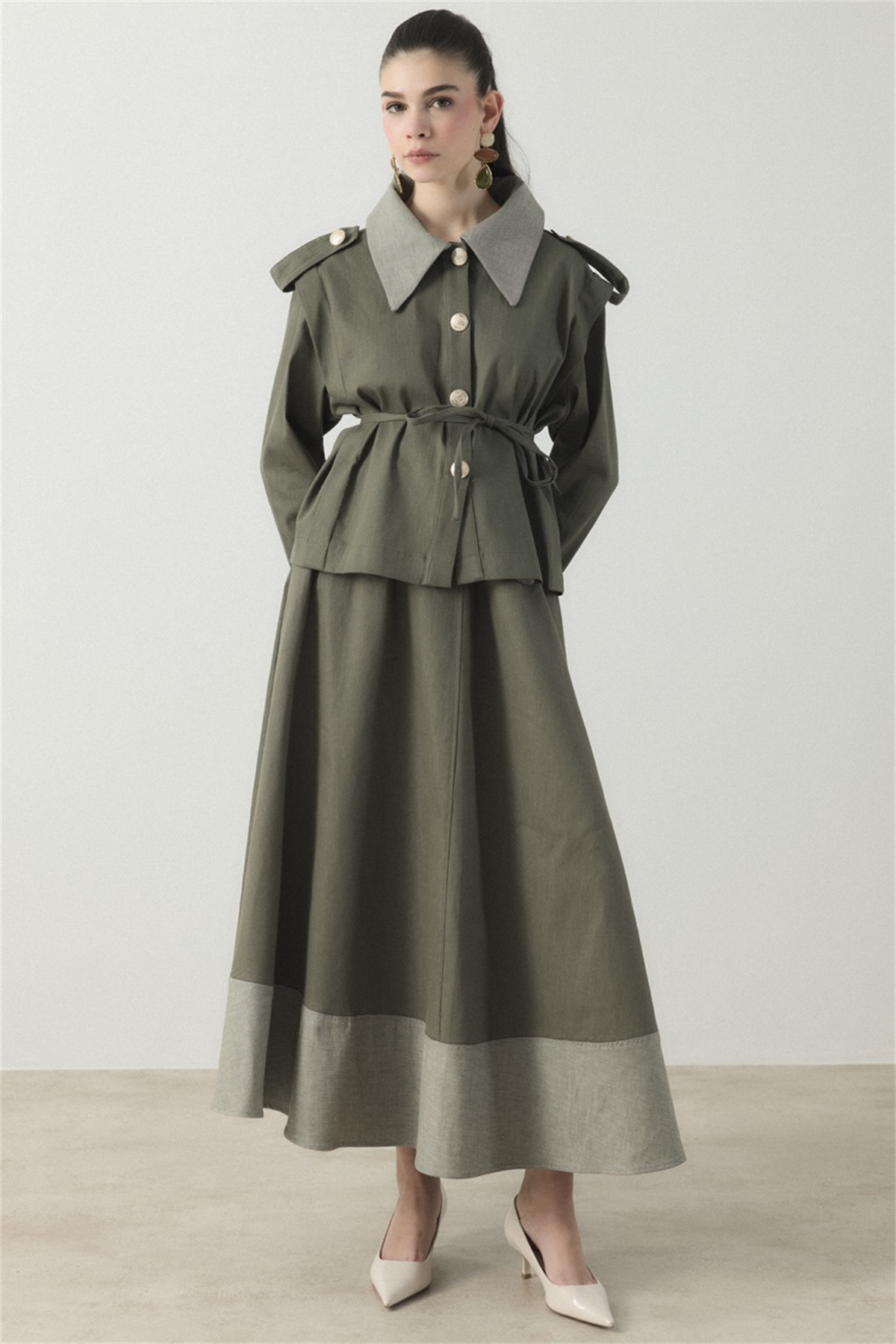 Ters Manşet Detaylı Kot Etek Takım - Haki