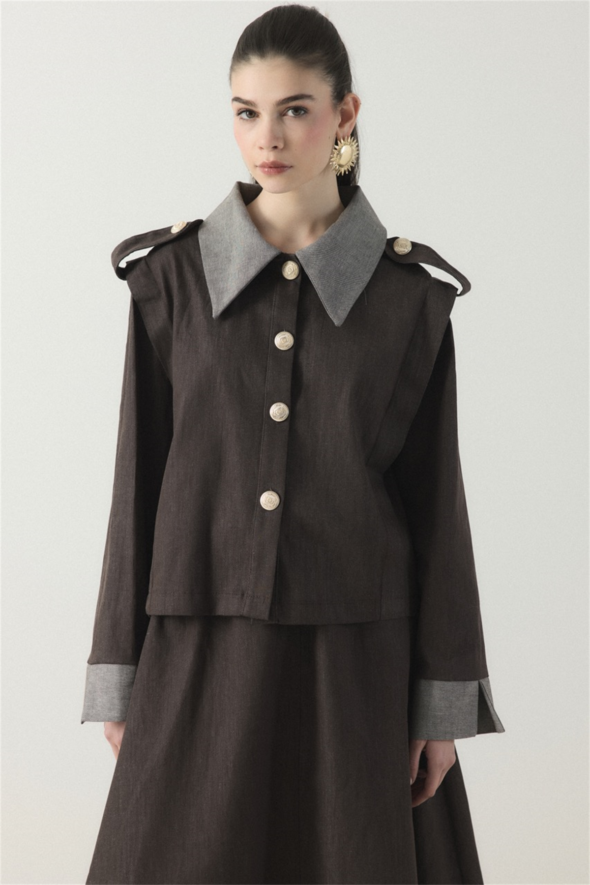 Ters Manşet Detaylı Kot Etek Takım - Kahve