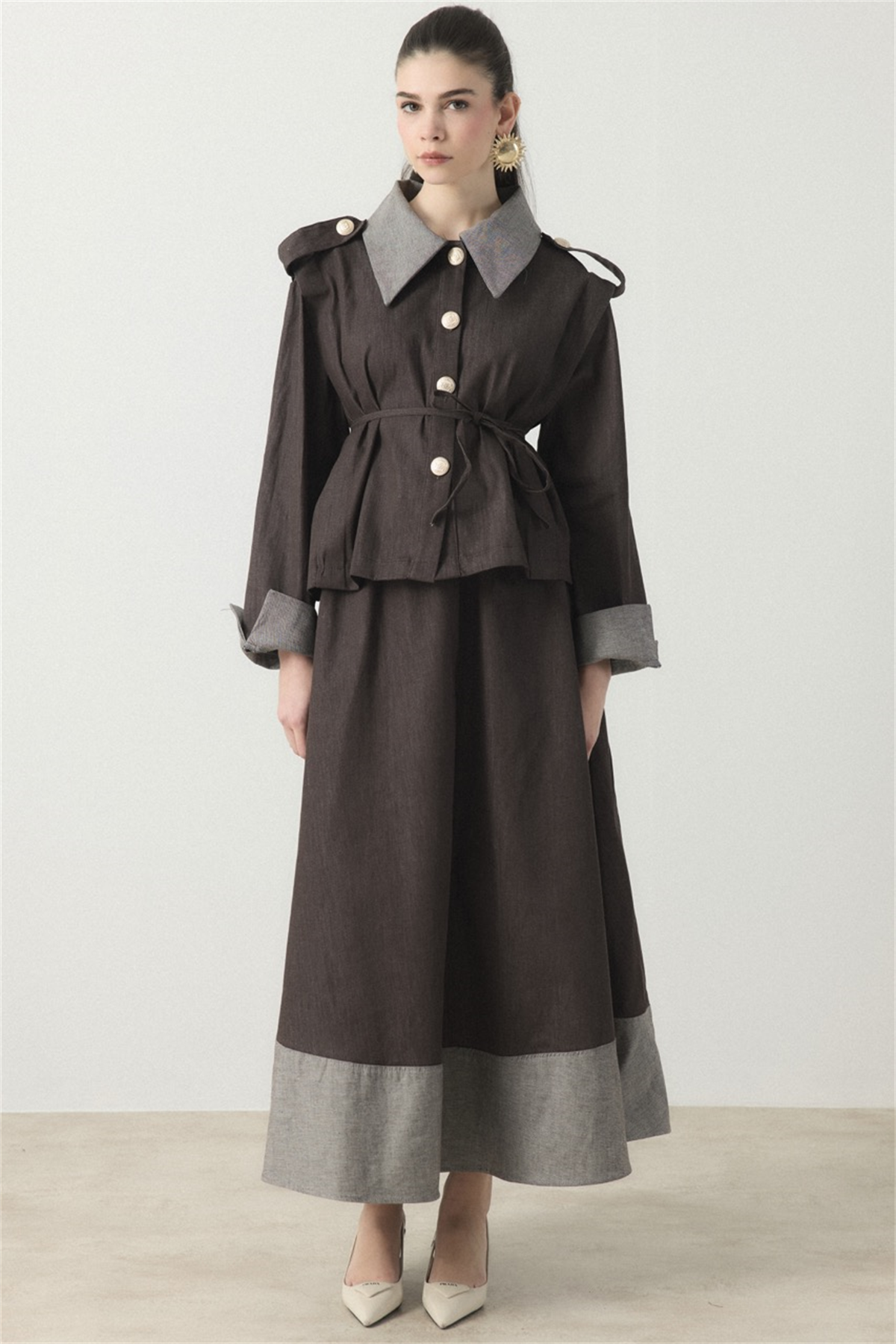 Ters Manşet Detaylı Kot Etek Takım - Kahve