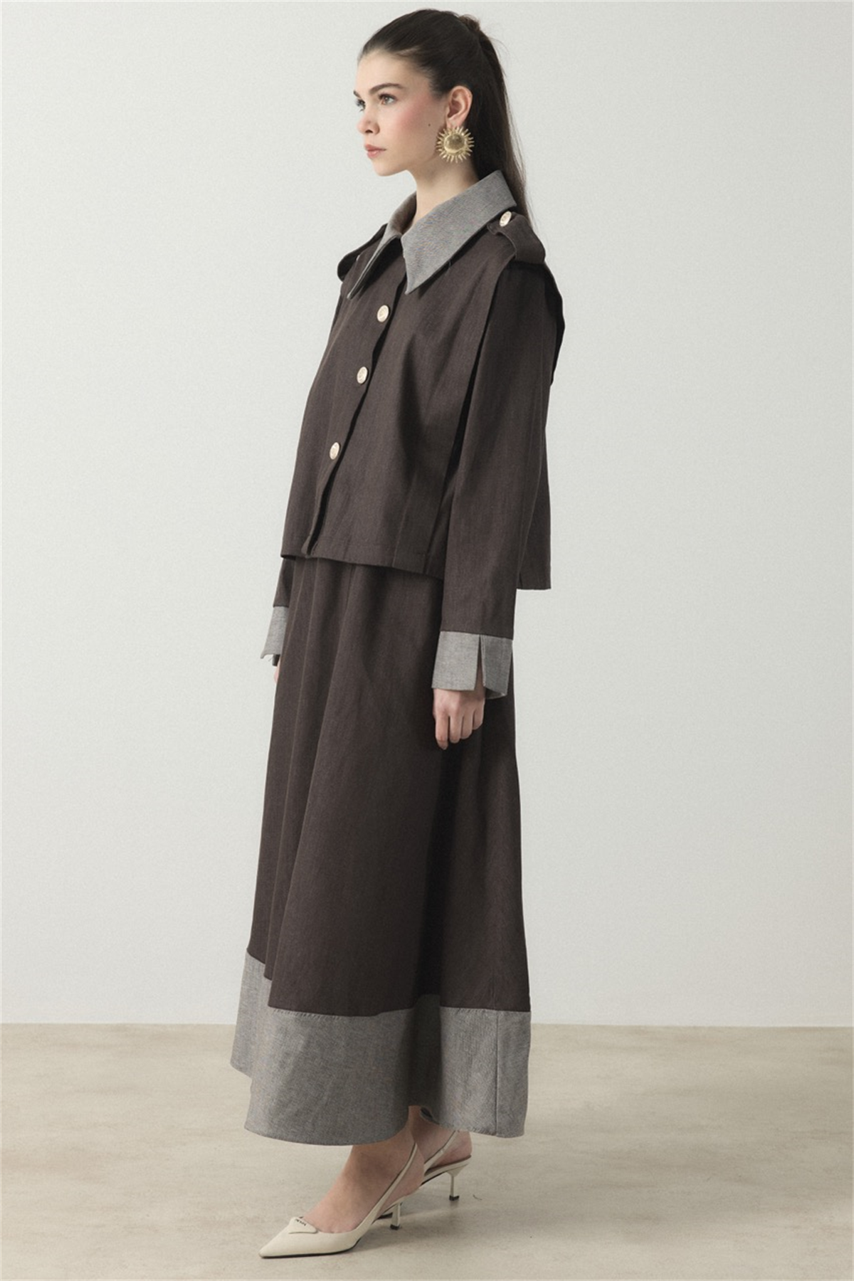 Ters Manşet Detaylı Kot Etek Takım - Kahve