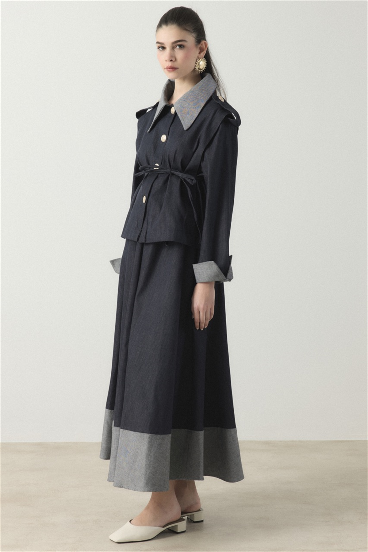 Ters Manşet Detaylı Kot Etek Takım - Lacivert