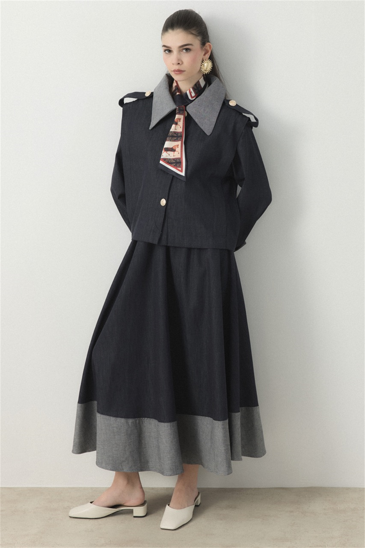 Ters Manşet Detaylı Kot Etek Takım - Lacivert