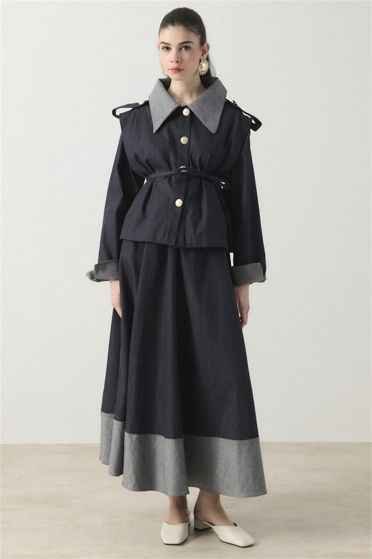 Ters Manşet Detaylı Kot Etek Takım - Lacivert