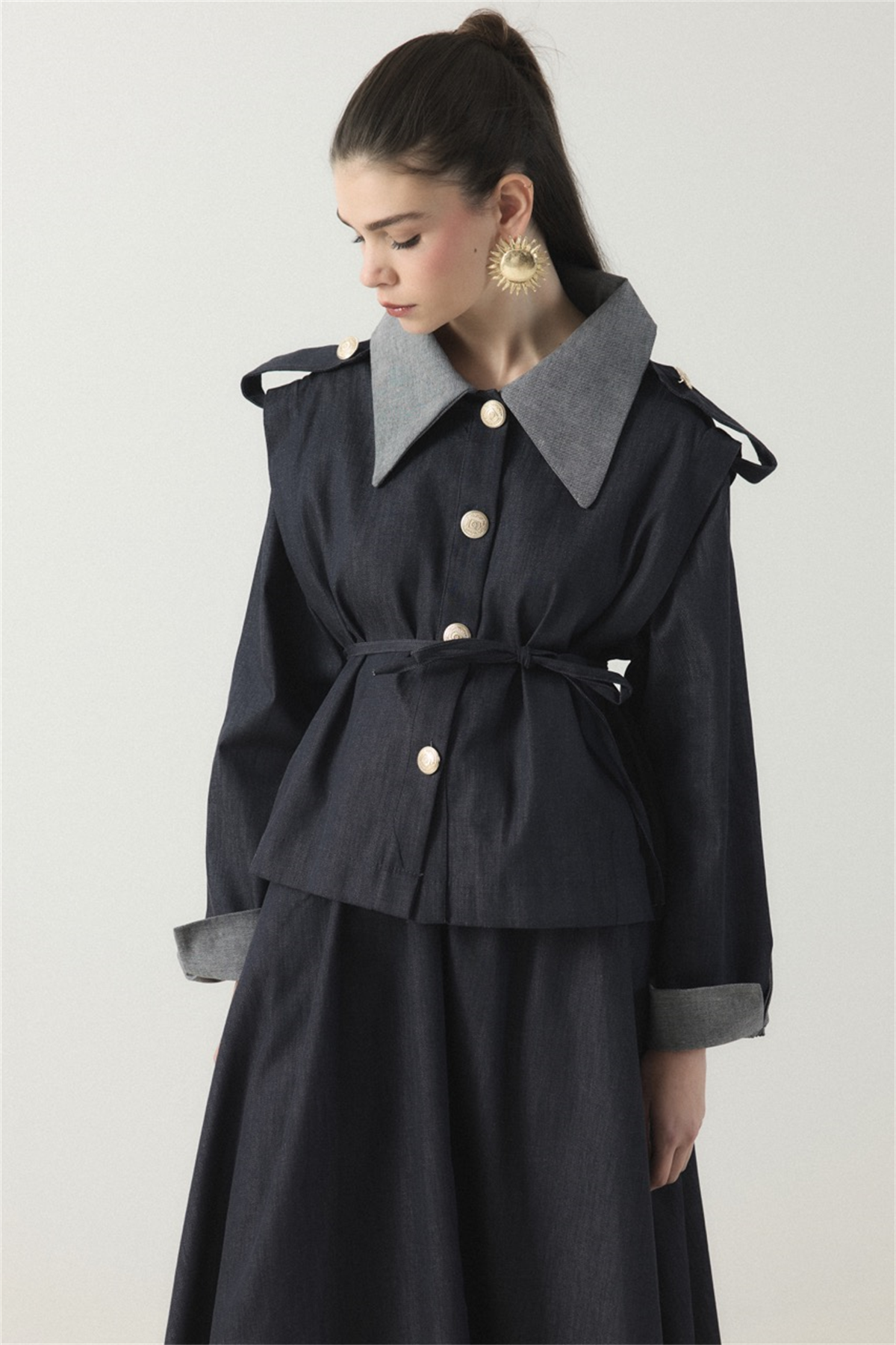 Ters Manşet Detaylı Kot Etek Takım - Lacivert