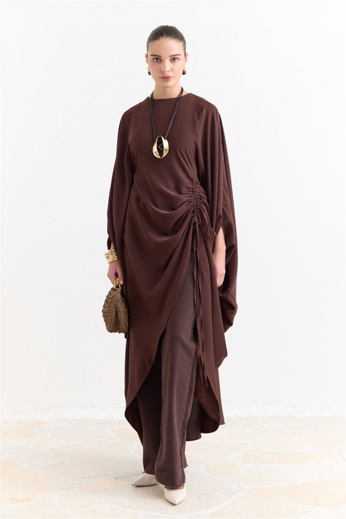 Tünel Detaylı Abaya - Kahve