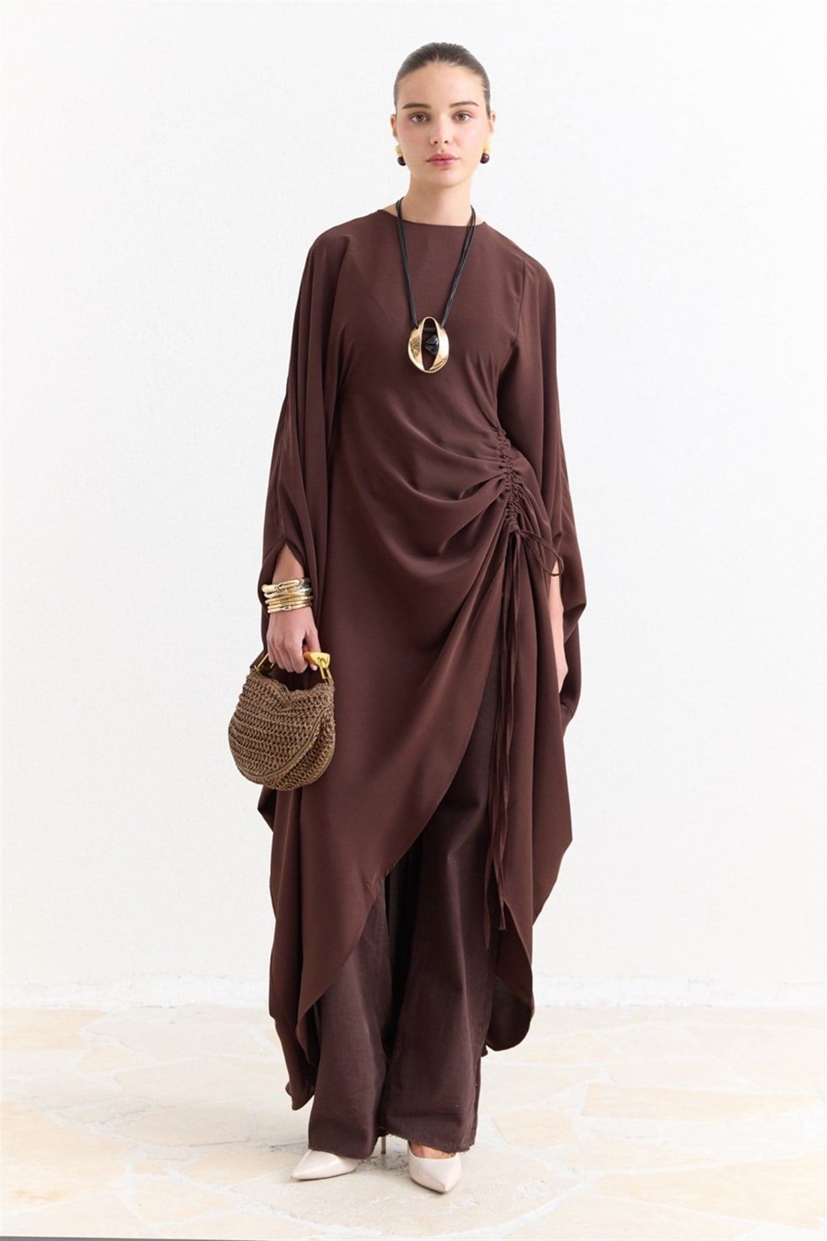 Tünel Detaylı Abaya - Kahve