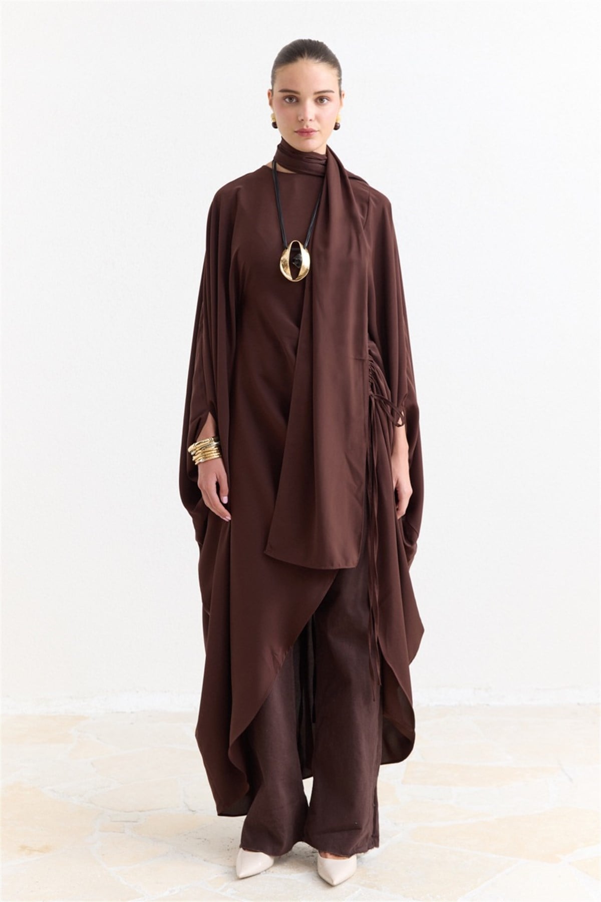 Tünel Detaylı Abaya - Kahve