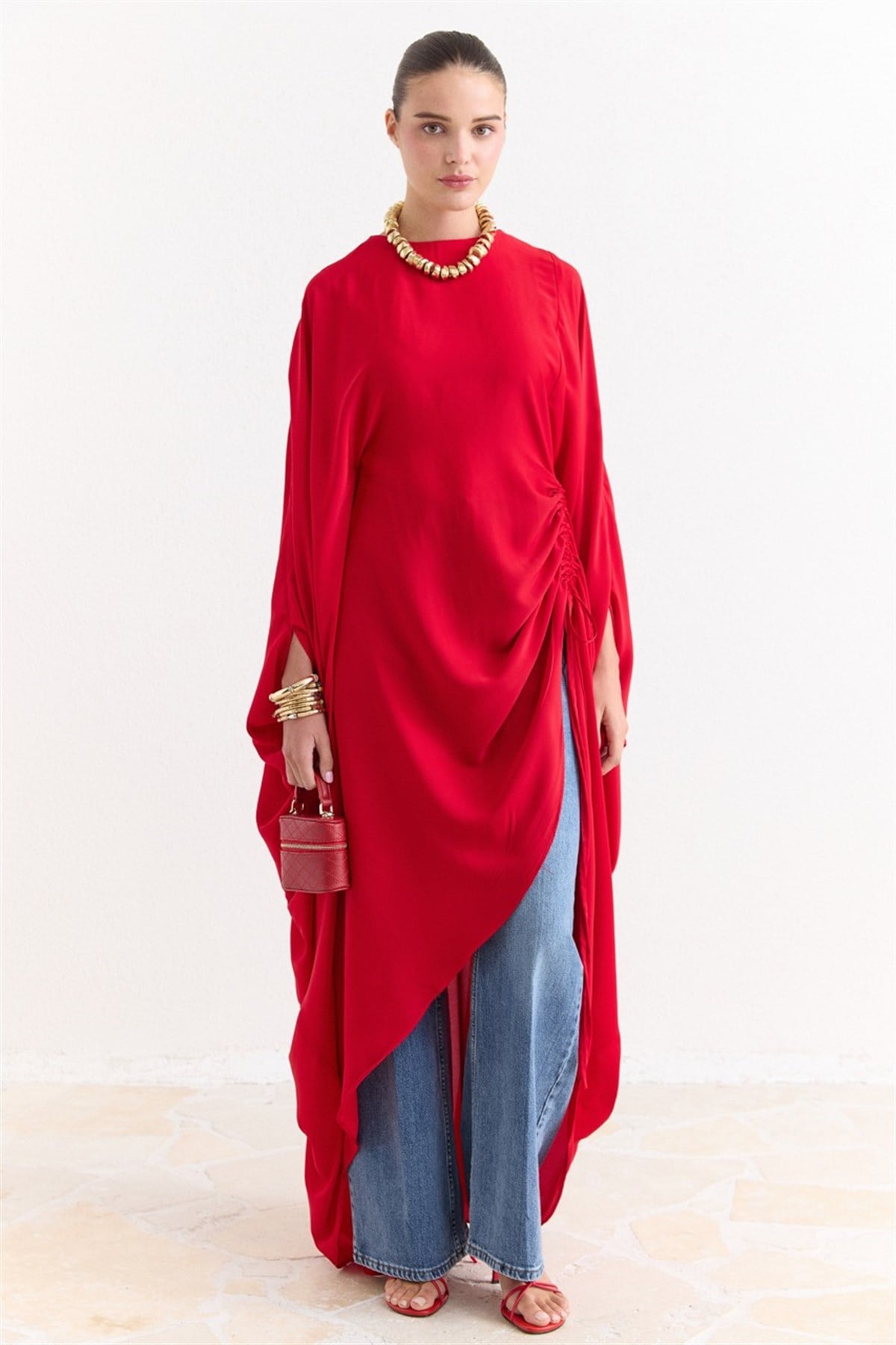 Tünel Detaylı Abaya - Kırmızı