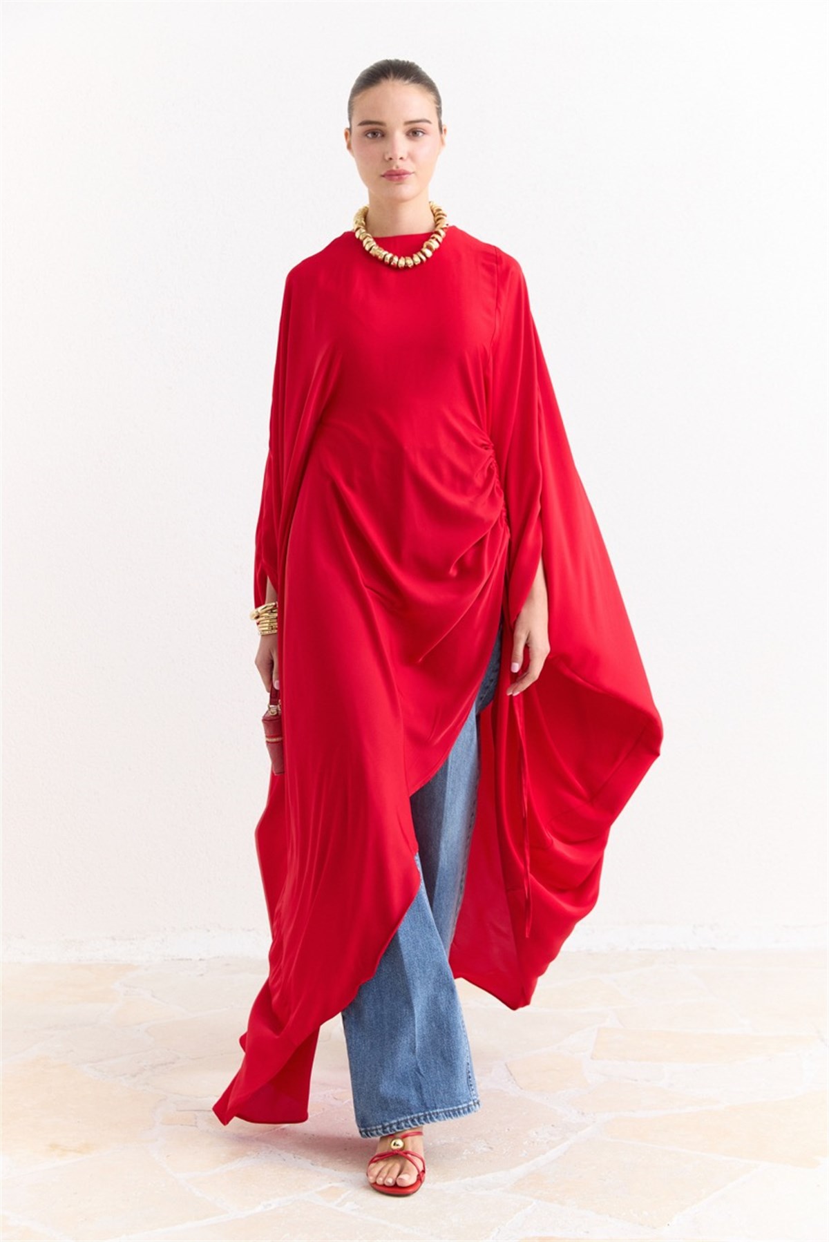 Tünel Detaylı Abaya - Kırmızı