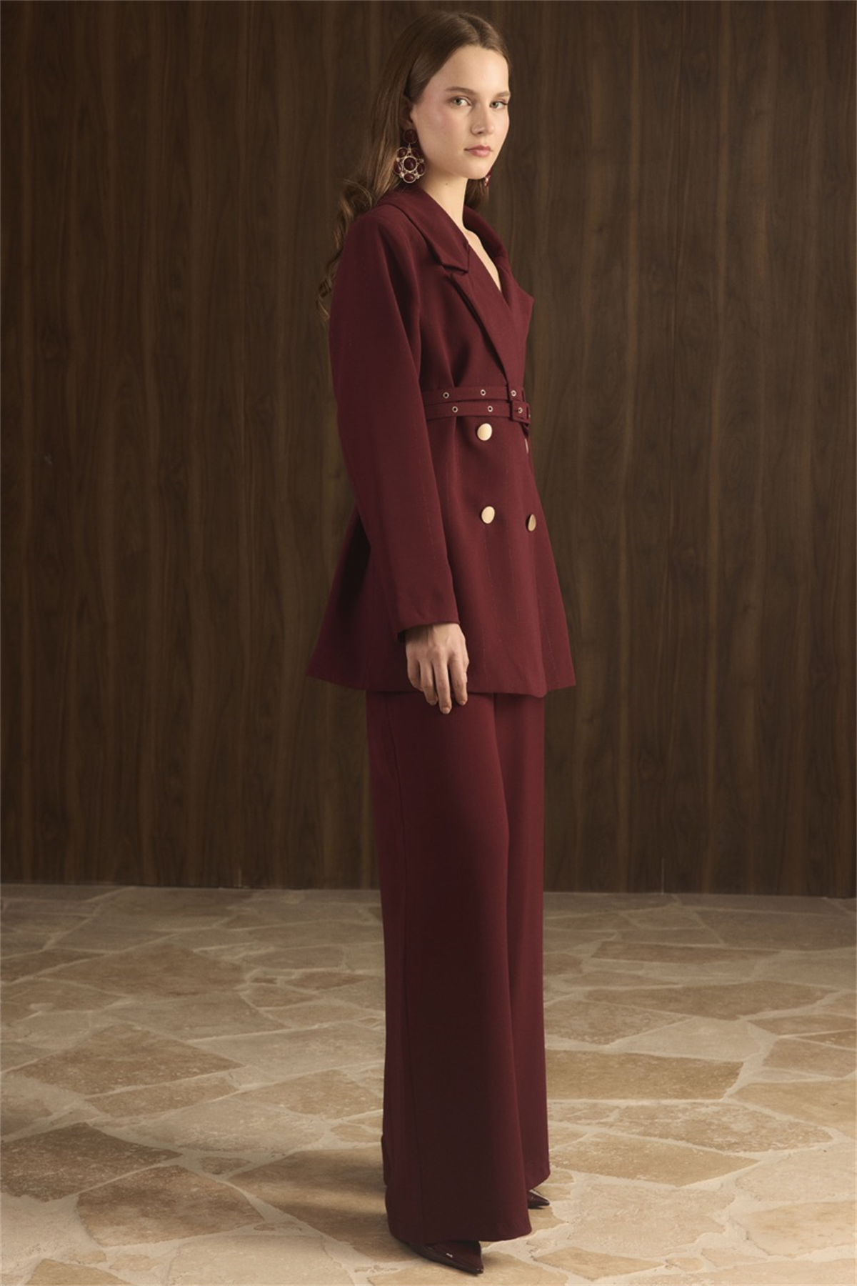 Veranka Kemerli  Blazer Ceket Takım - Bordo