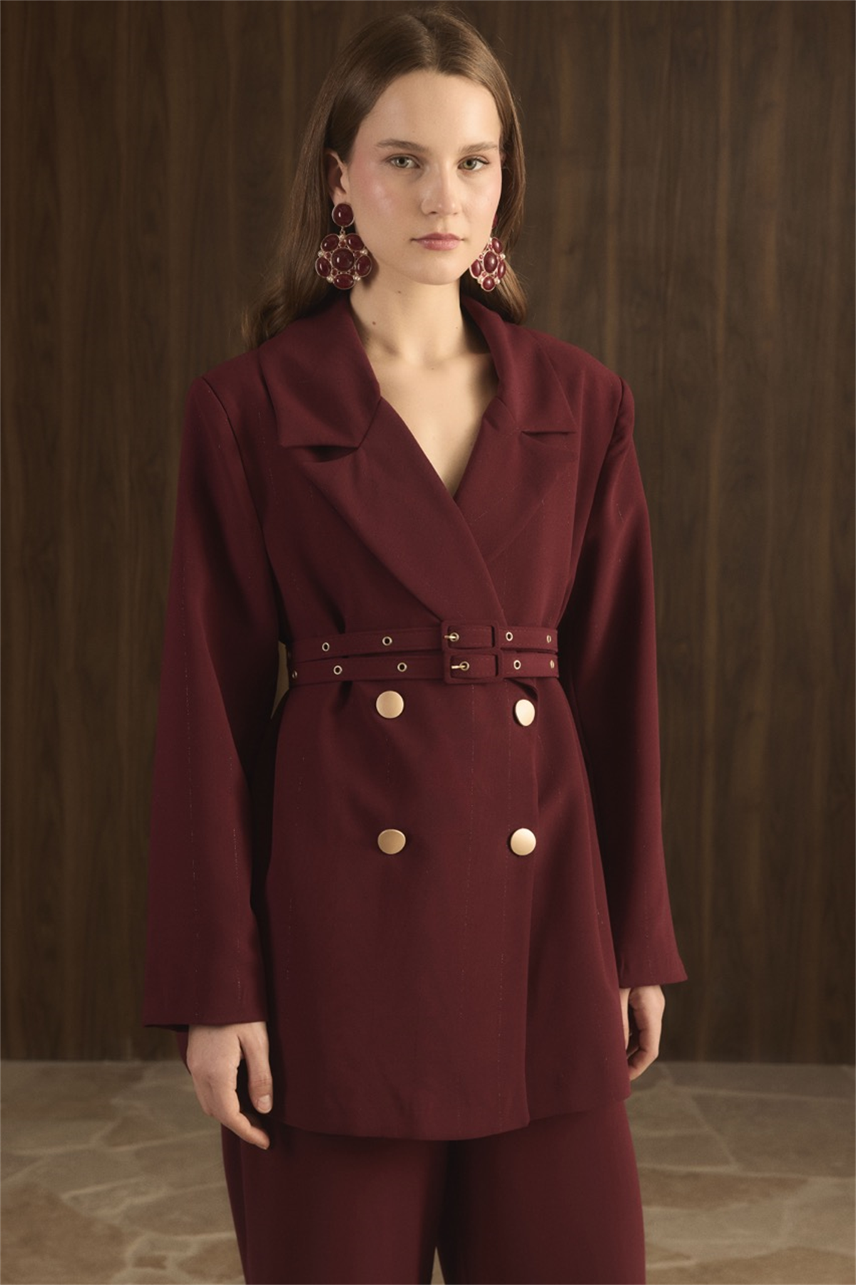 Veranka Kemerli  Blazer Ceket Takım - Bordo