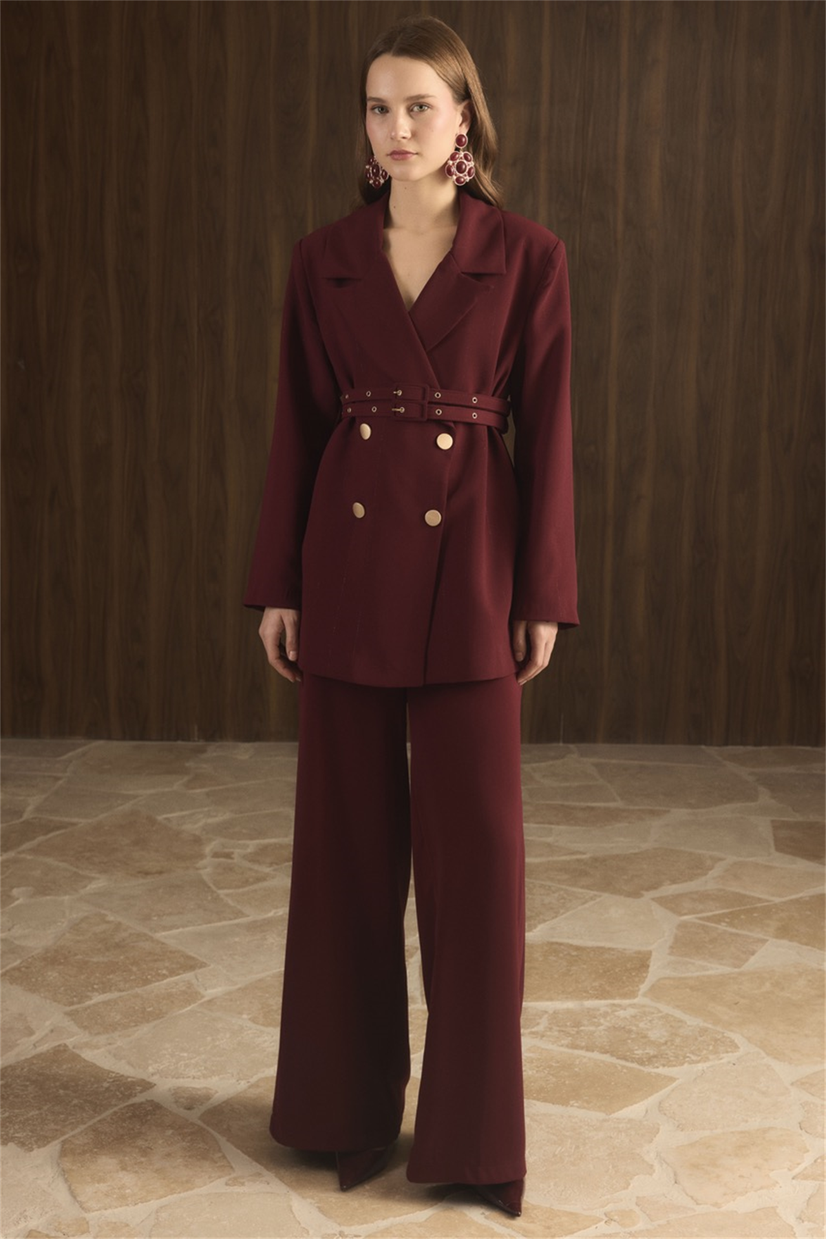 Veranka Kemerli  Blazer Ceket Takım - Bordo