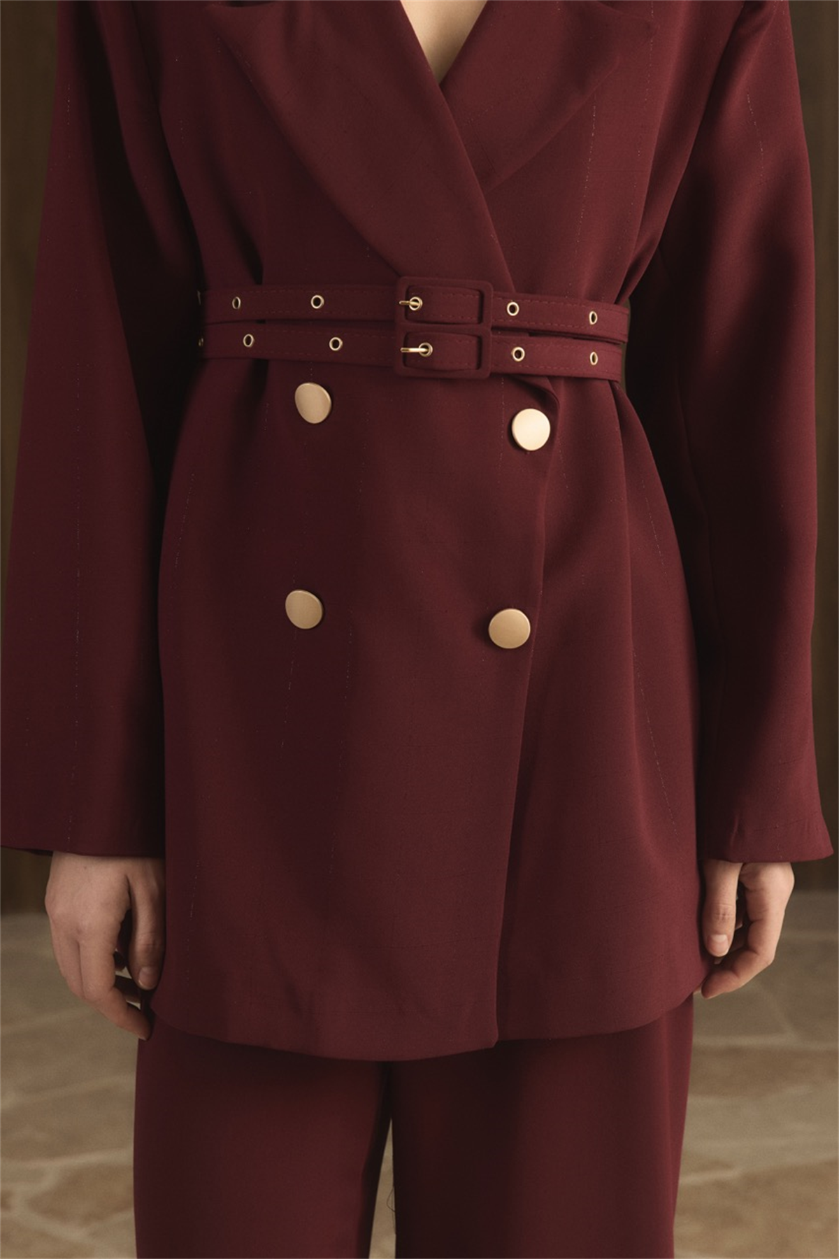 Veranka Kemerli  Blazer Ceket Takım - Bordo