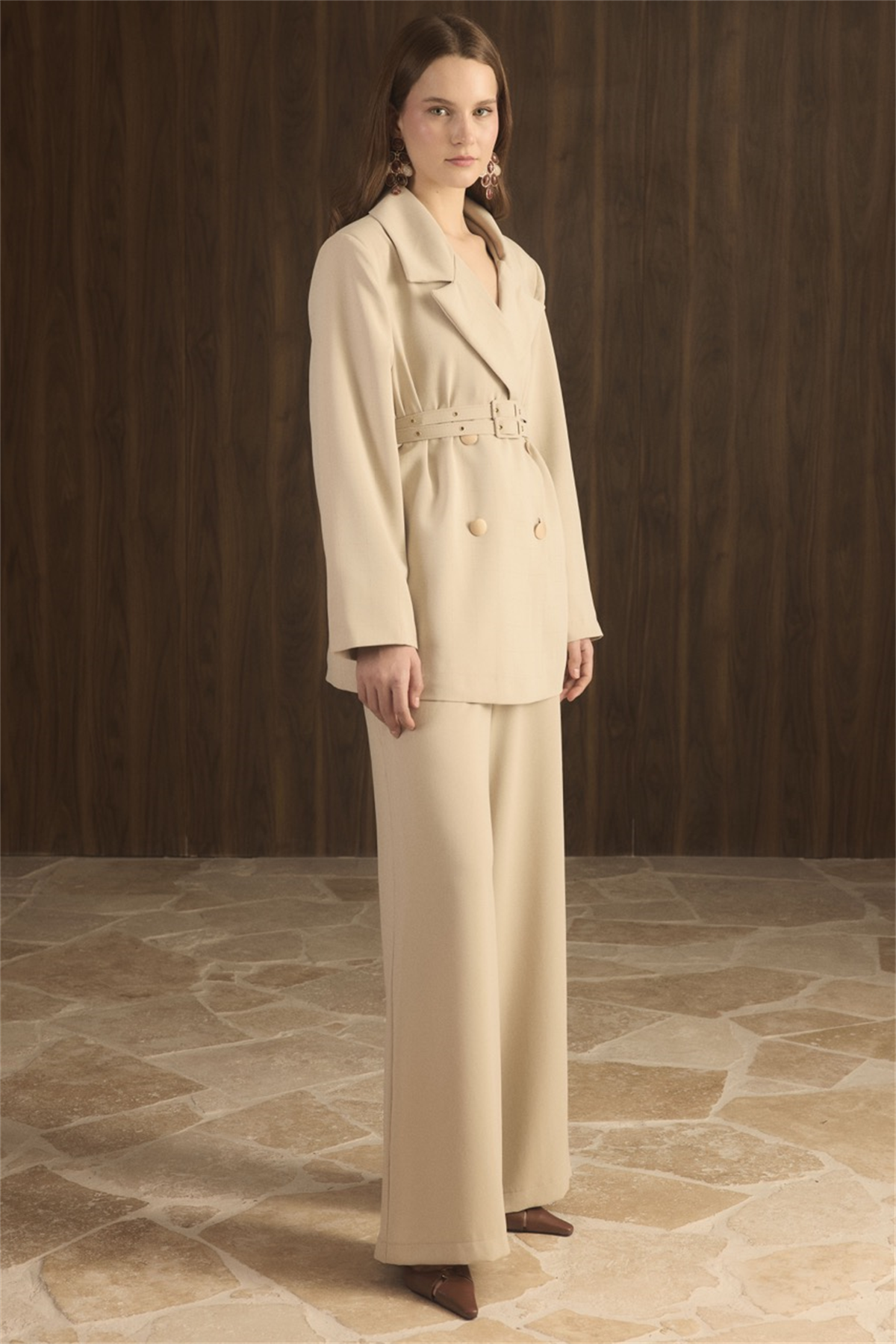 Veranka Kemerli  Blazer Ceket Takım - Taş