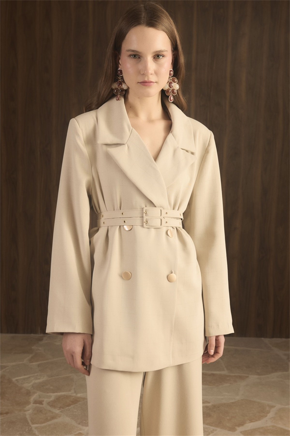 Veranka Kemerli  Blazer Ceket Takım - Taş