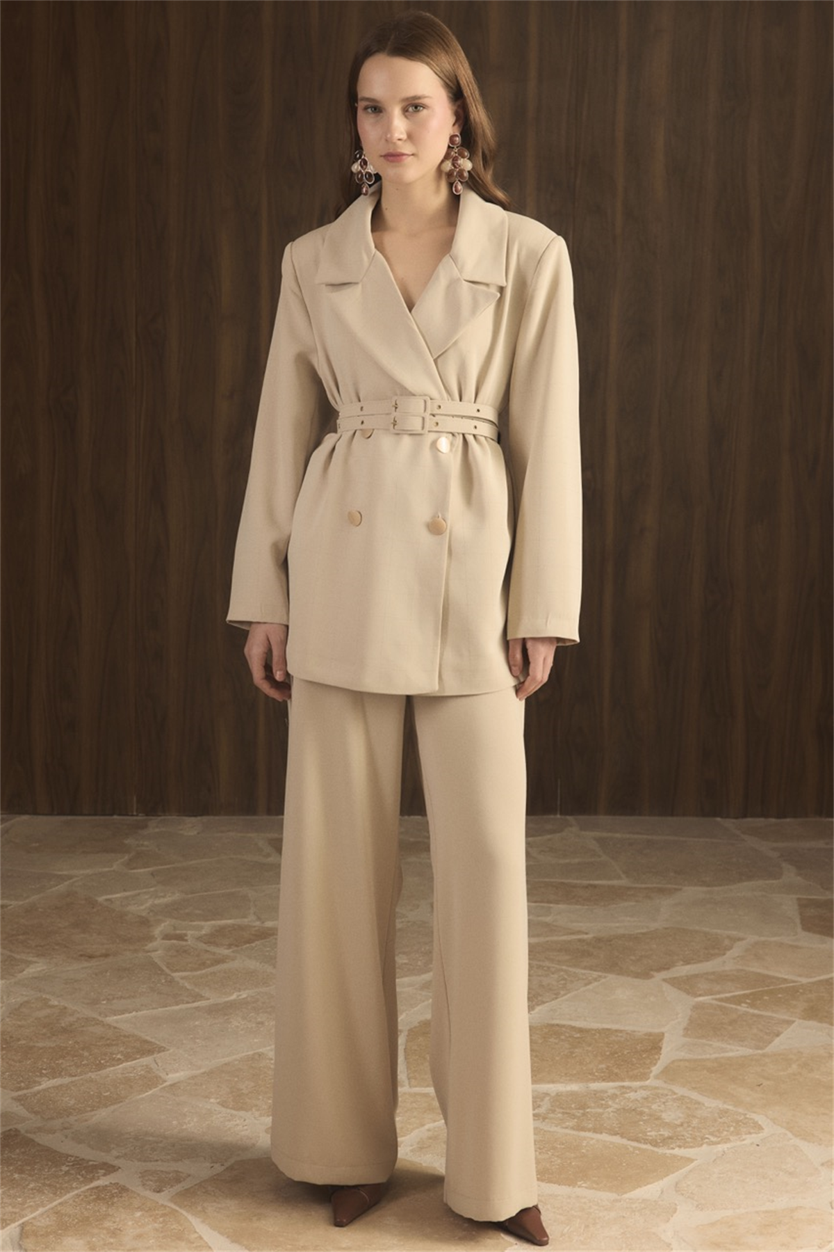 Veranka Kemerli  Blazer Ceket Takım - Taş