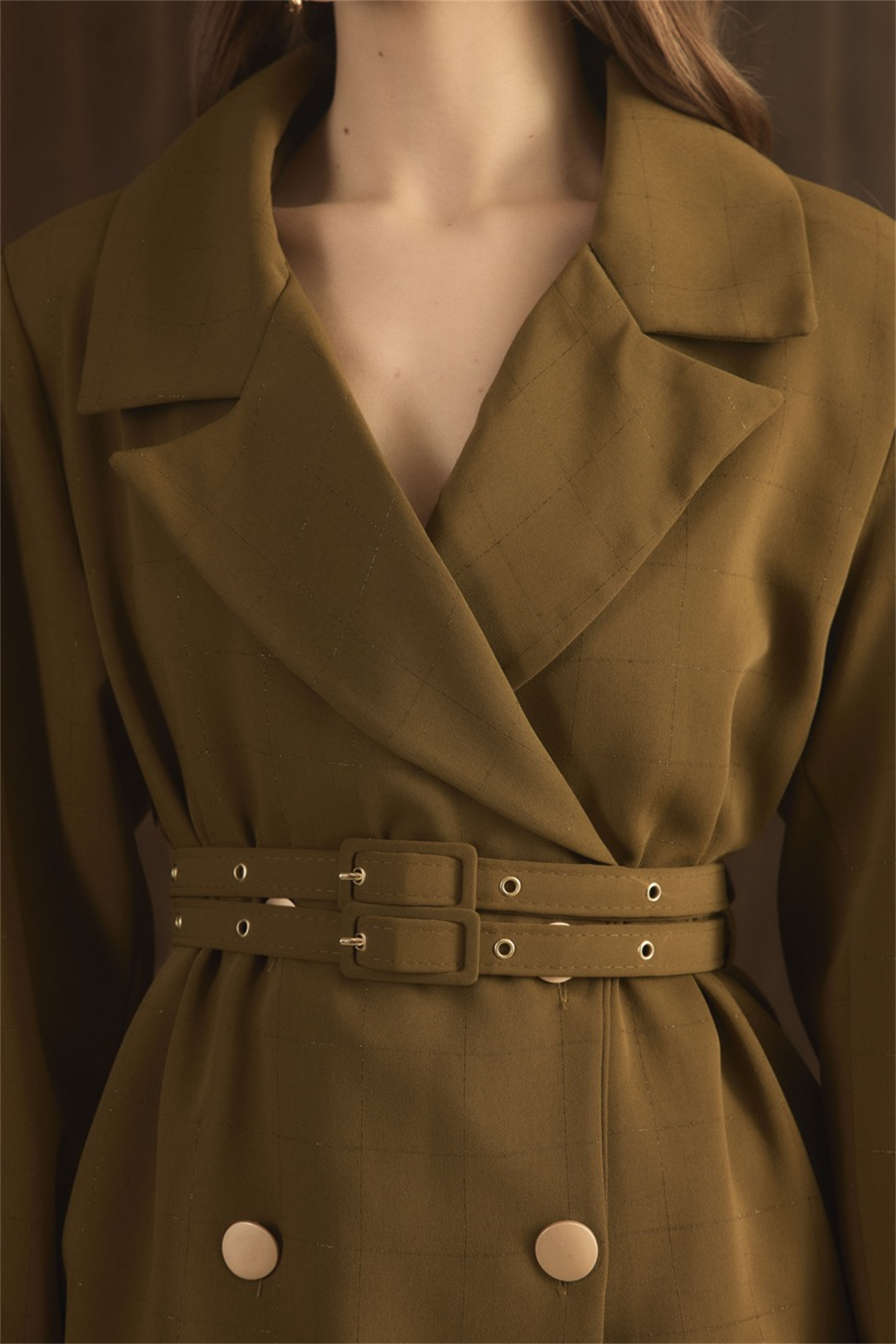 Veranka Kemerli  Blazer Ceket Takım - Yağ Yeşili