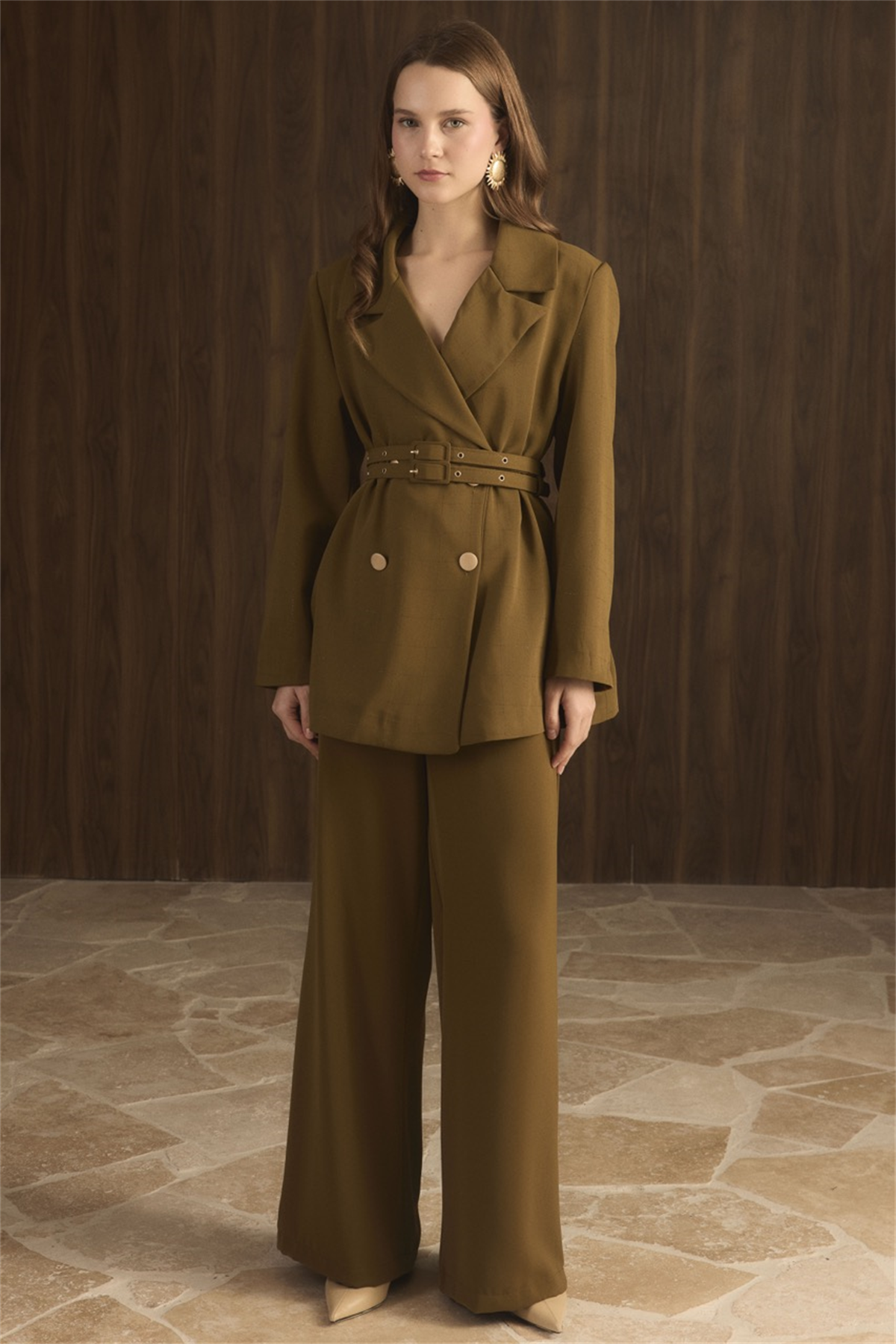 Veranka Kemerli  Blazer Ceket Takım - Yağ Yeşili