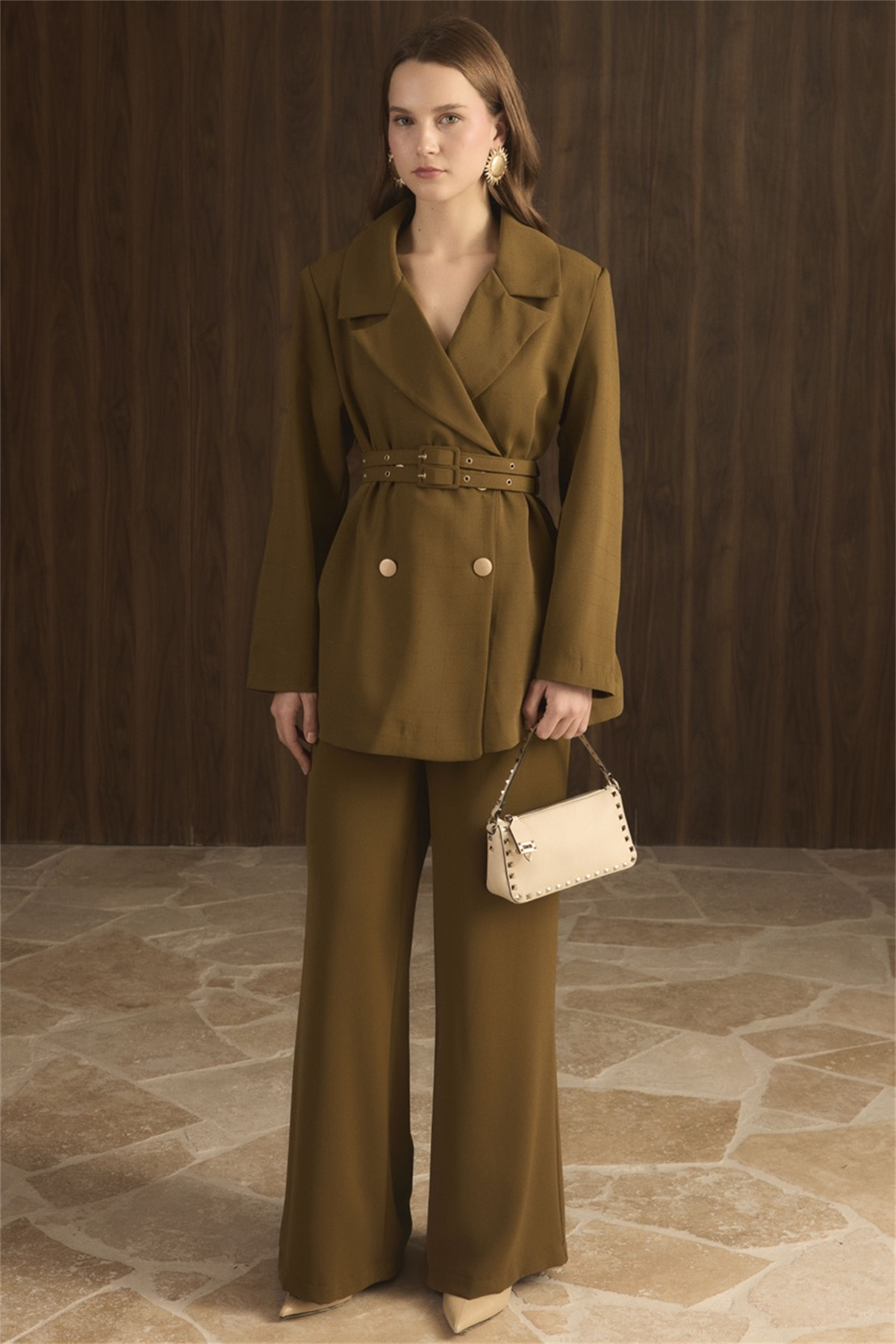 Veranka Kemerli  Blazer Ceket Takım - Yağ Yeşili