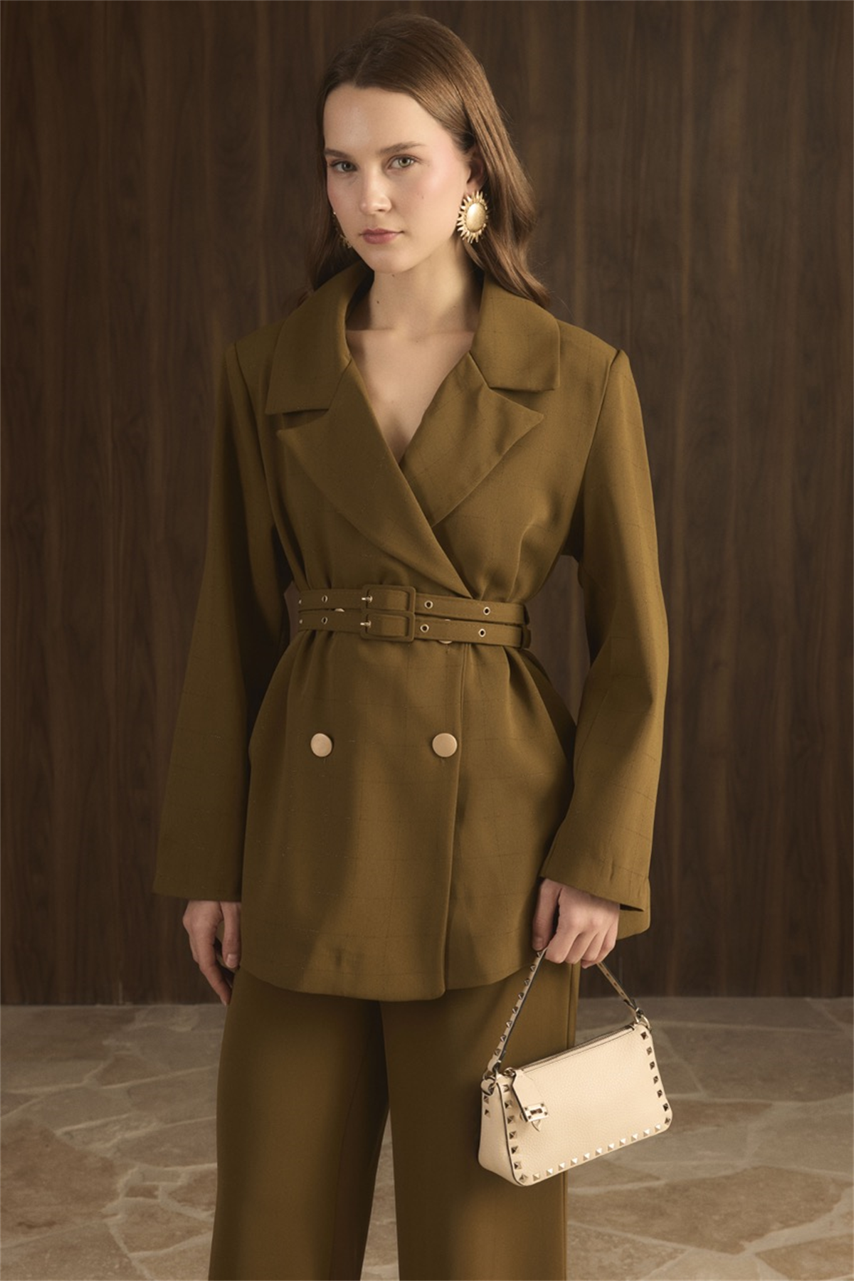 Veranka Kemerli  Blazer Ceket Takım - Yağ Yeşili