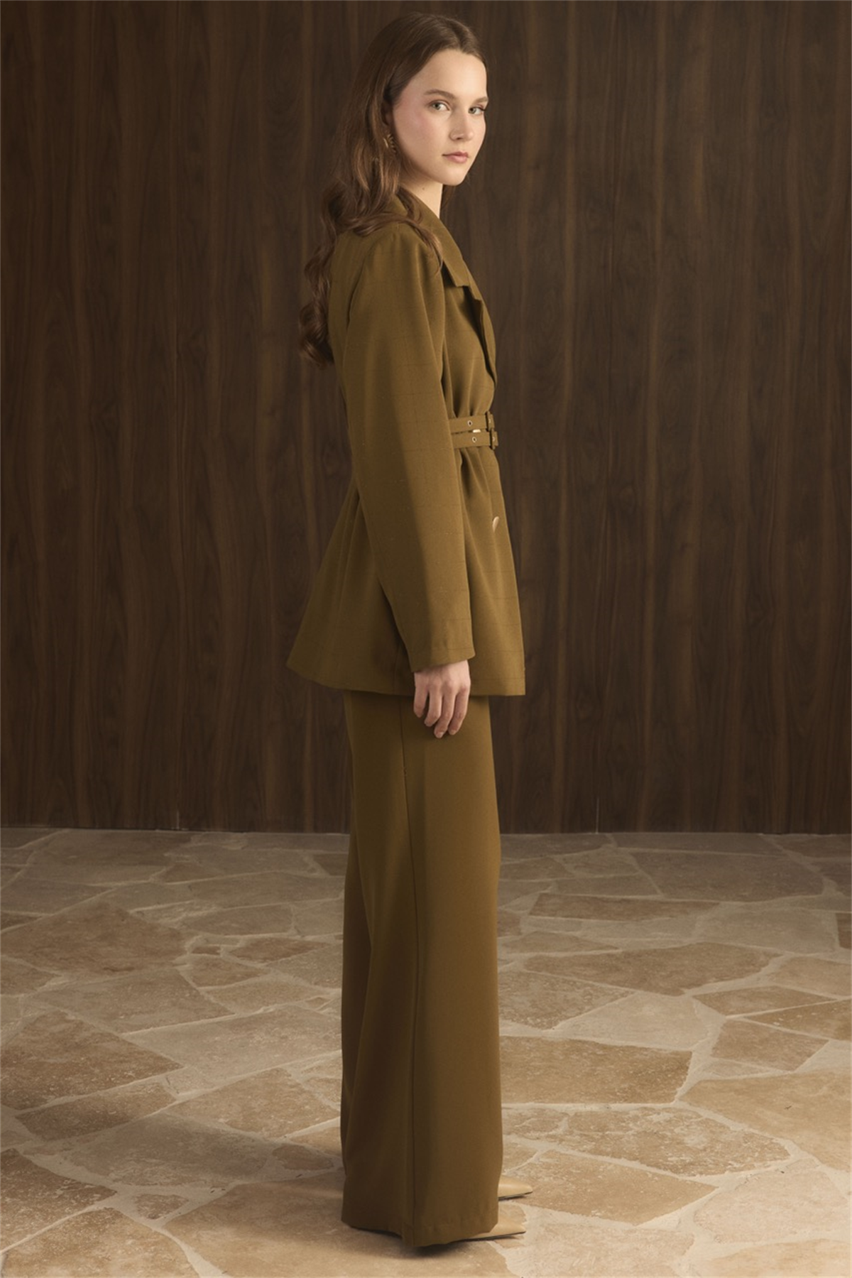 Veranka Kemerli  Blazer Ceket Takım - Yağ Yeşili