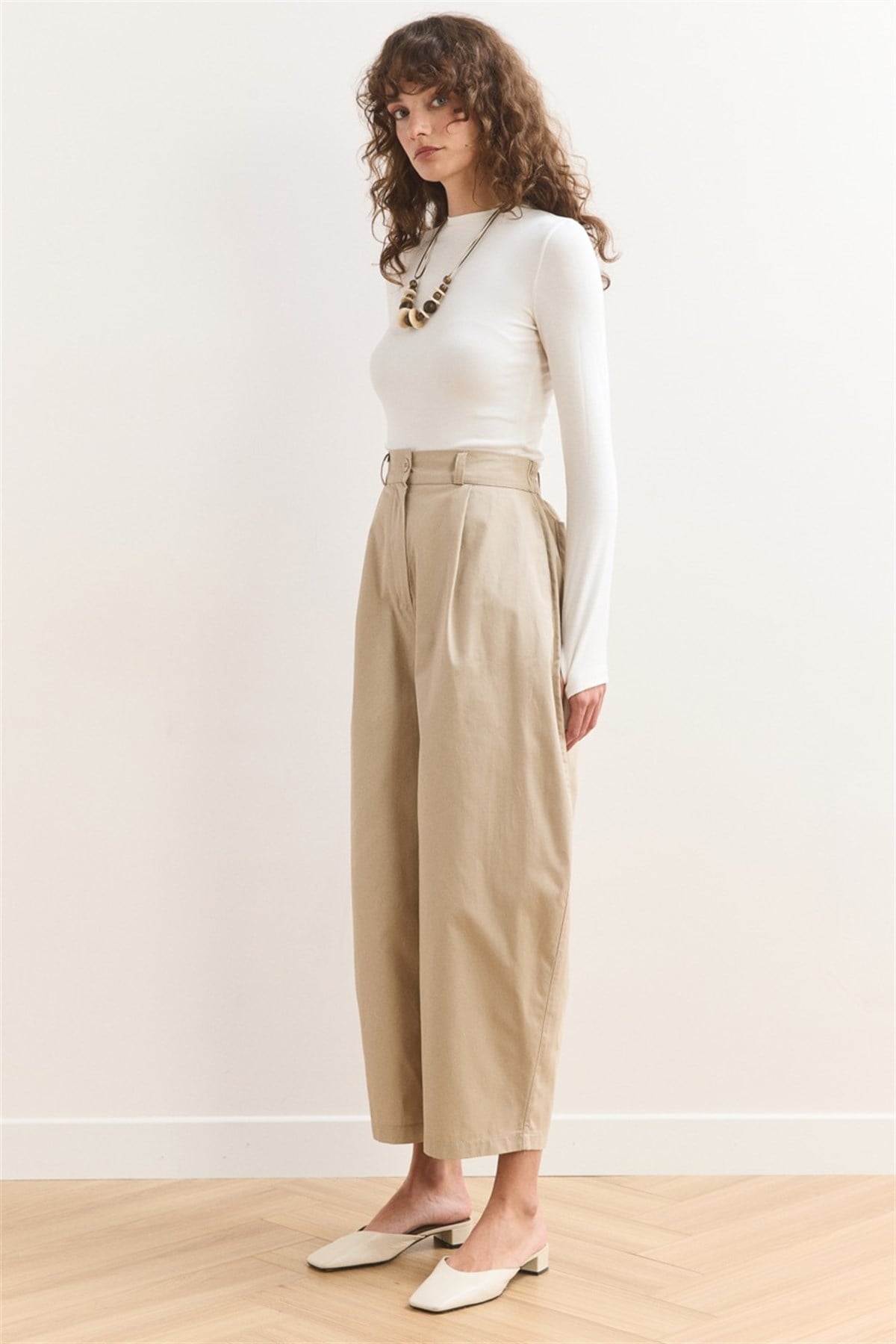 Wide Leg Gabardin Pantolon - Bej