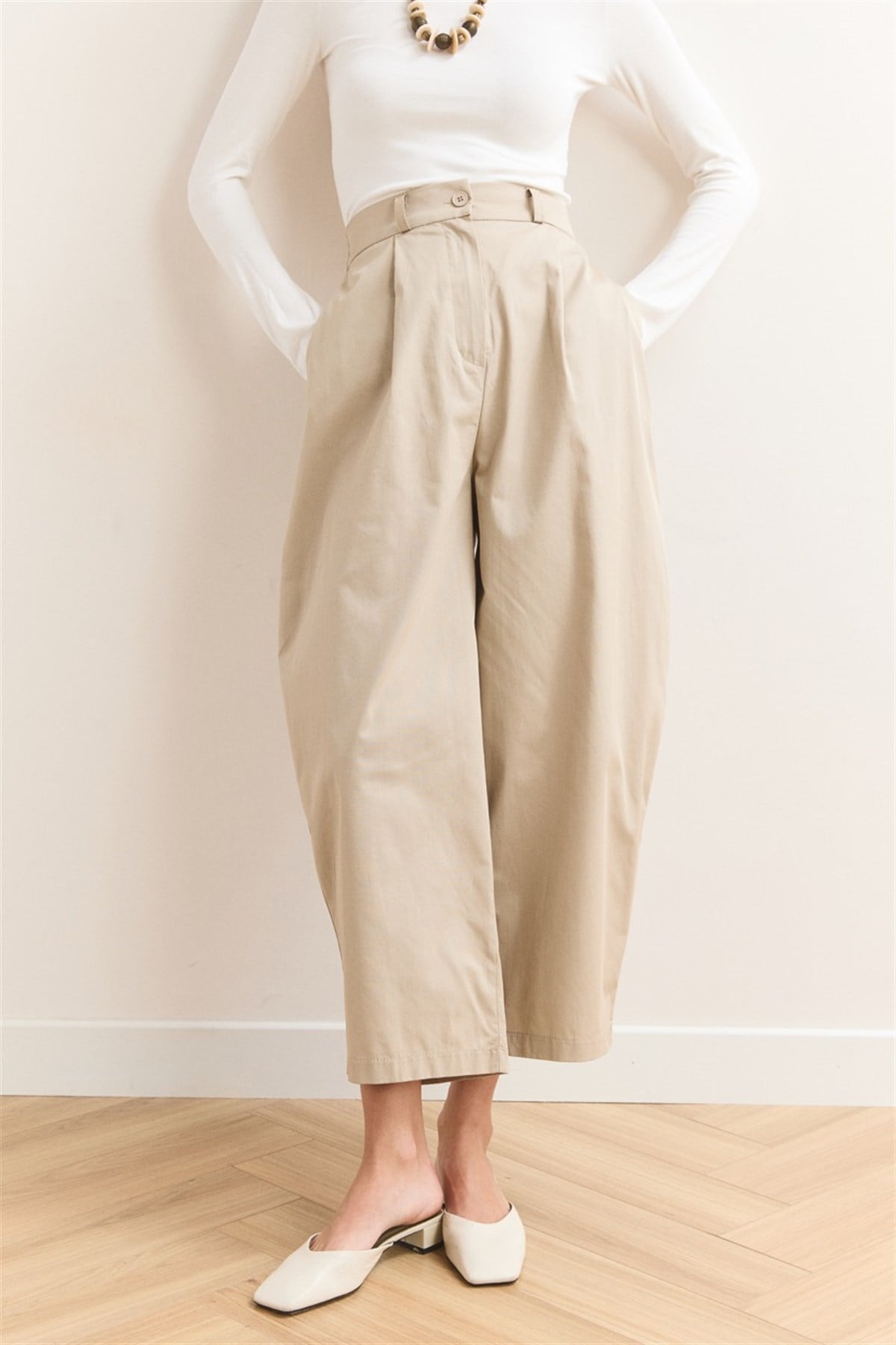 Wide Leg Gabardin Pantolon - Bej