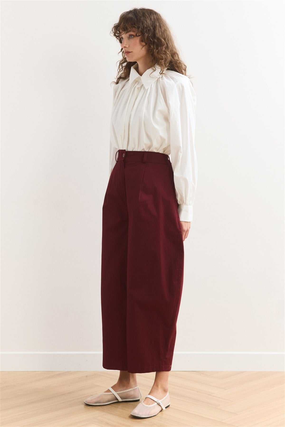 Wide Leg Gabardin Pantolon - Bordo