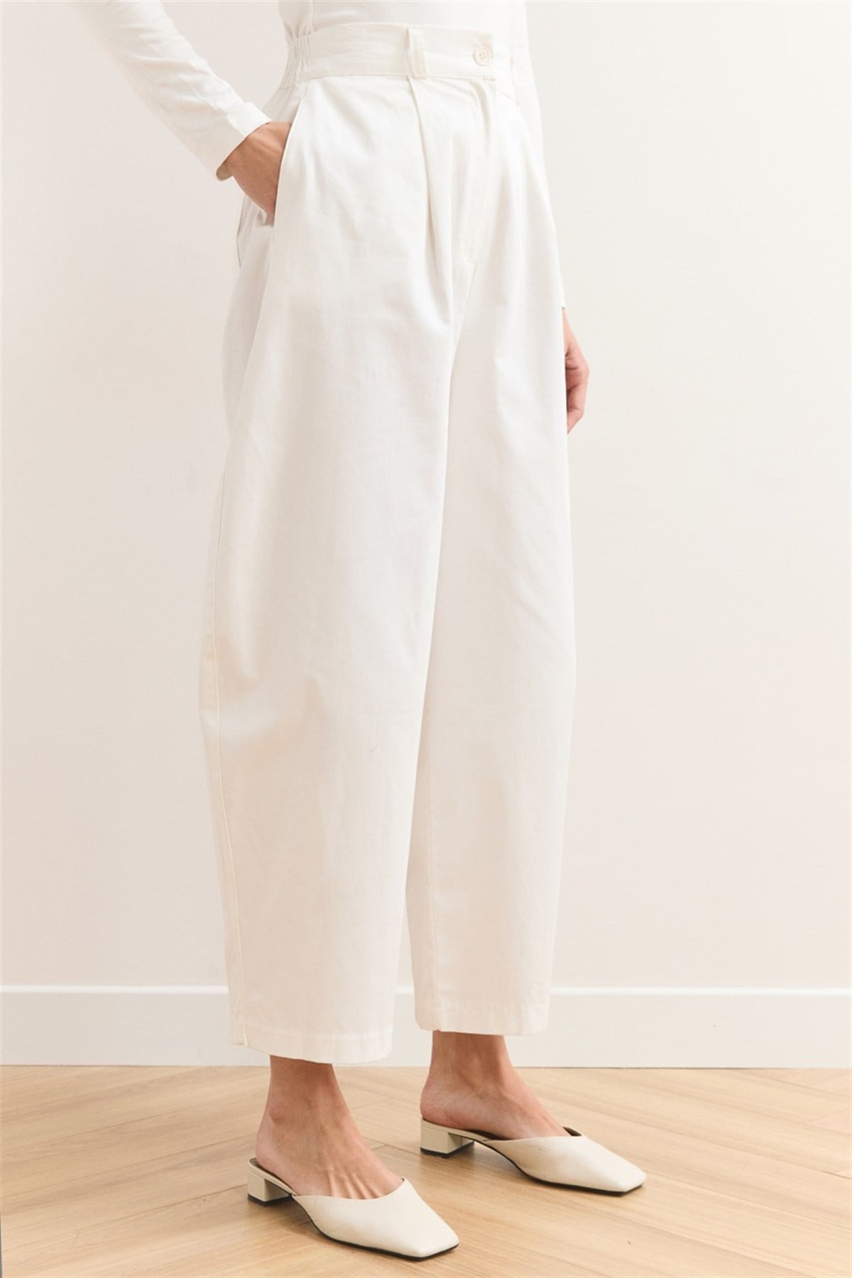 Wide Leg Gabardin Pantolon - Ekru