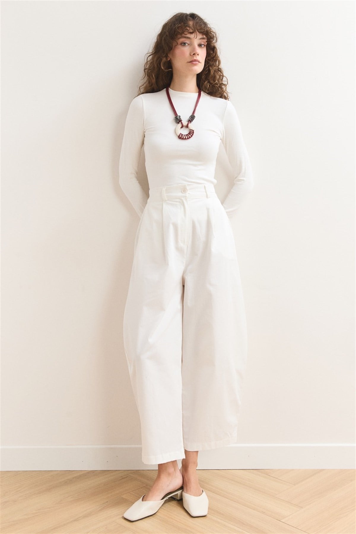 Wide Leg Gabardin Pantolon - Ekru