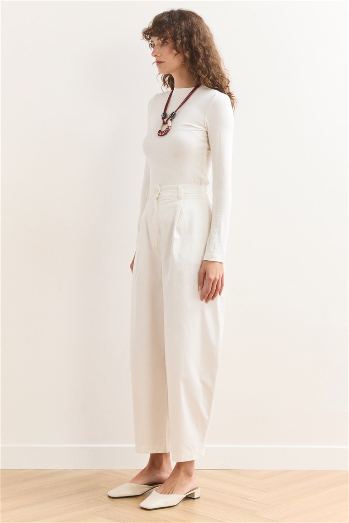 Wide Leg Gabardin Pantolon - Ekru